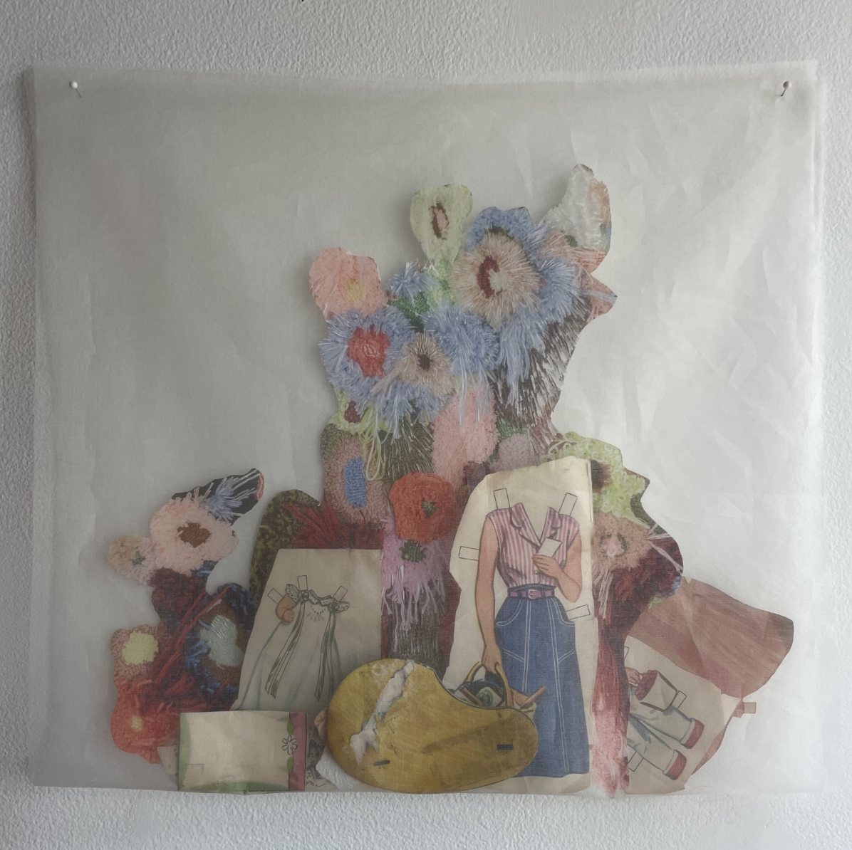  Rebecca Braziel, “Hold onto Pretty,” 2026. Silk and paper, 16.5 x 15 inches. 