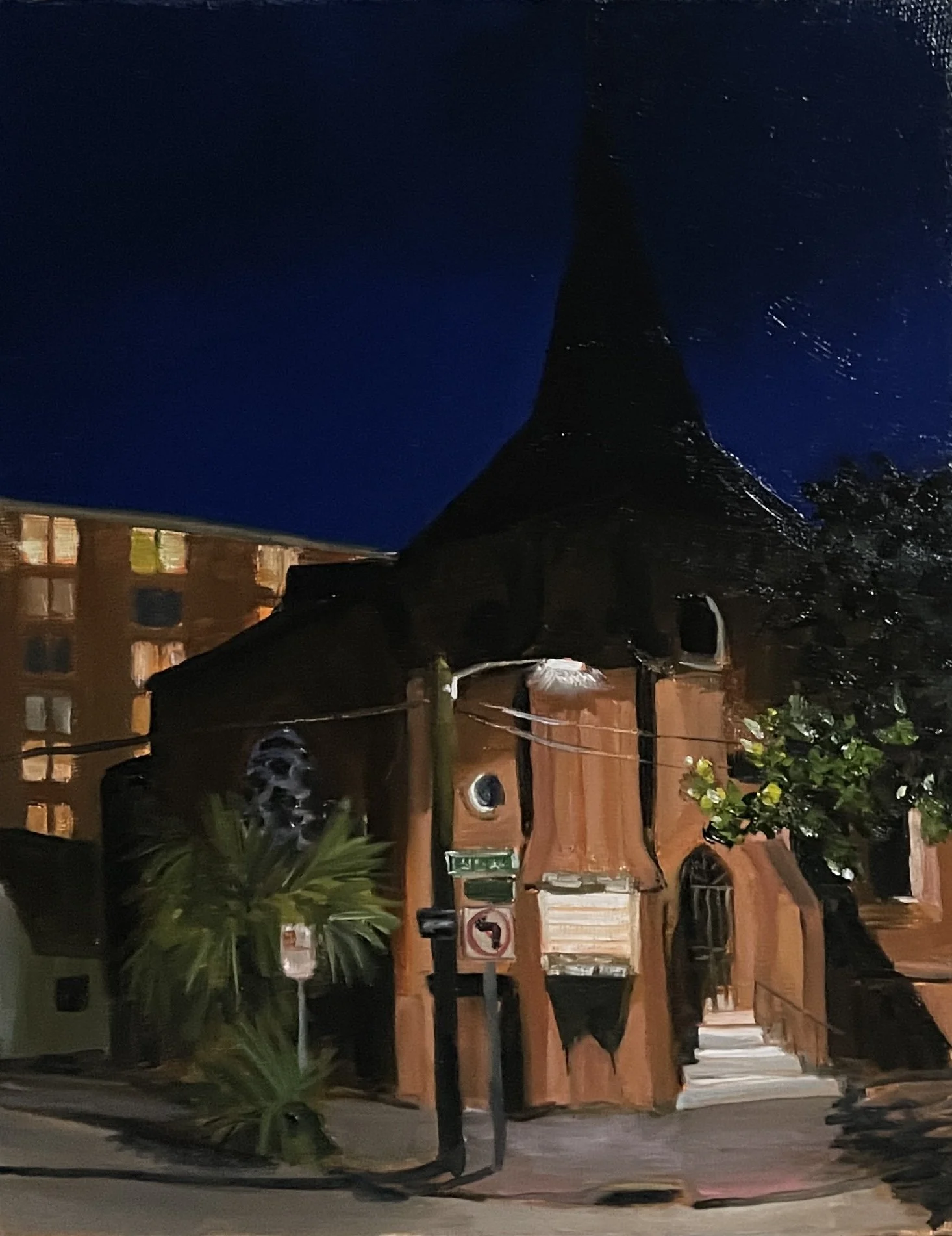  Adrienne Berkland, “Beth Eden Baptist,” 2025. Oil, 14 × 11 inches.  