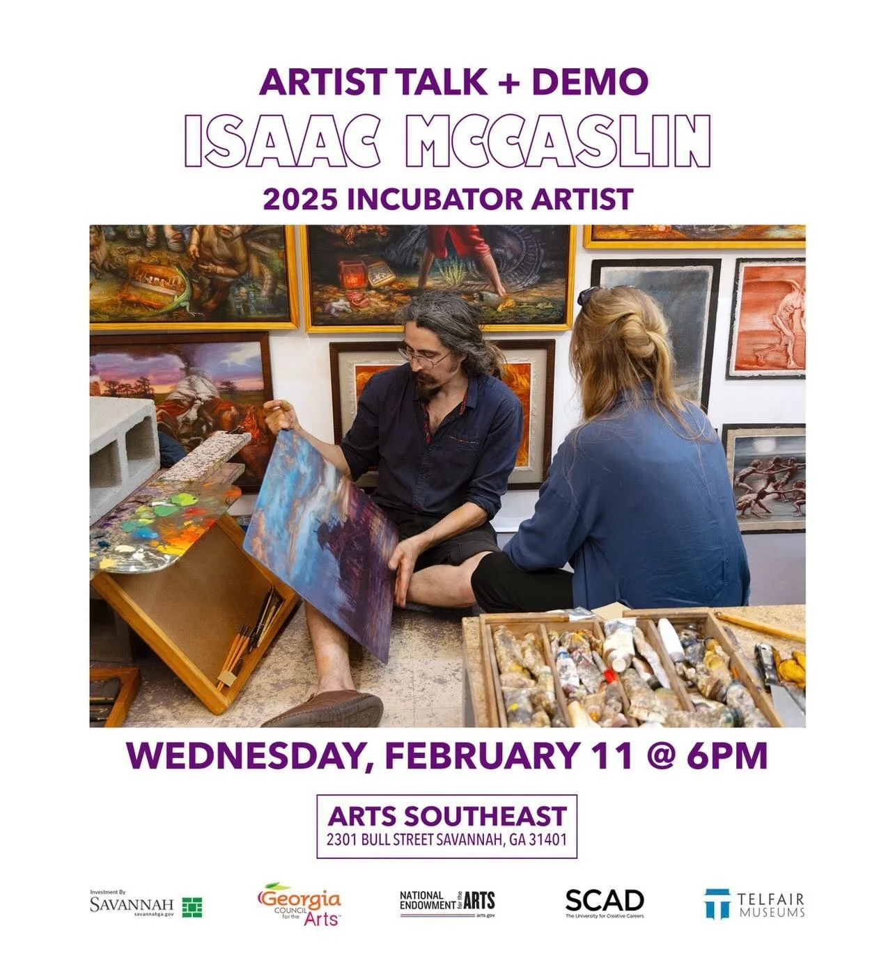Join us on Wednesday, February 11th at 6PM for an Artist Talk + Demo with Isaac McCaslin, our 2025 Incubator Artist! 

Isaac McCaslin is a Savannah-based fine artist whose narrative-driven work explores the interplay of history, identity and the huma