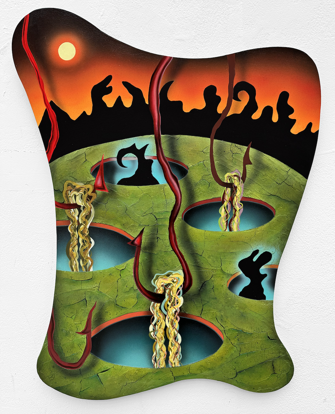  Jana Marie Cariddi, “Infected Landscape,” 2024. Acrylic, pumice and glass beads on custom wood panel, 33 x 25 inches.  