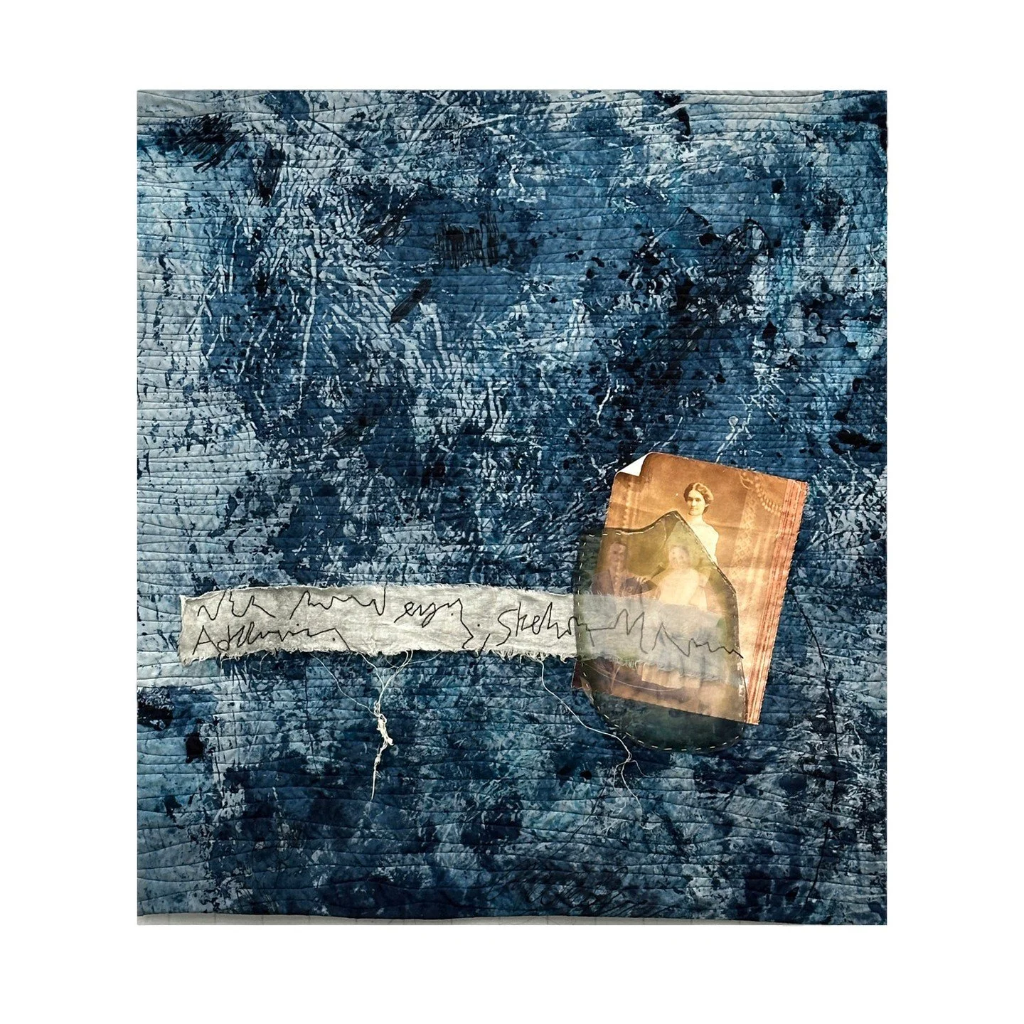Sheryl St. Germain, "Blue M&eacute;m&egrave;re". Multimedia textile art, 33 x 3 inches 2025.⁠
⁠
@sherylsaintgermain⁠
⁠
On Display in &ldquo;Where We've Been, Where We Go,&rdquo; a Spring Supporter Exhibition on display in The Supporter Gall