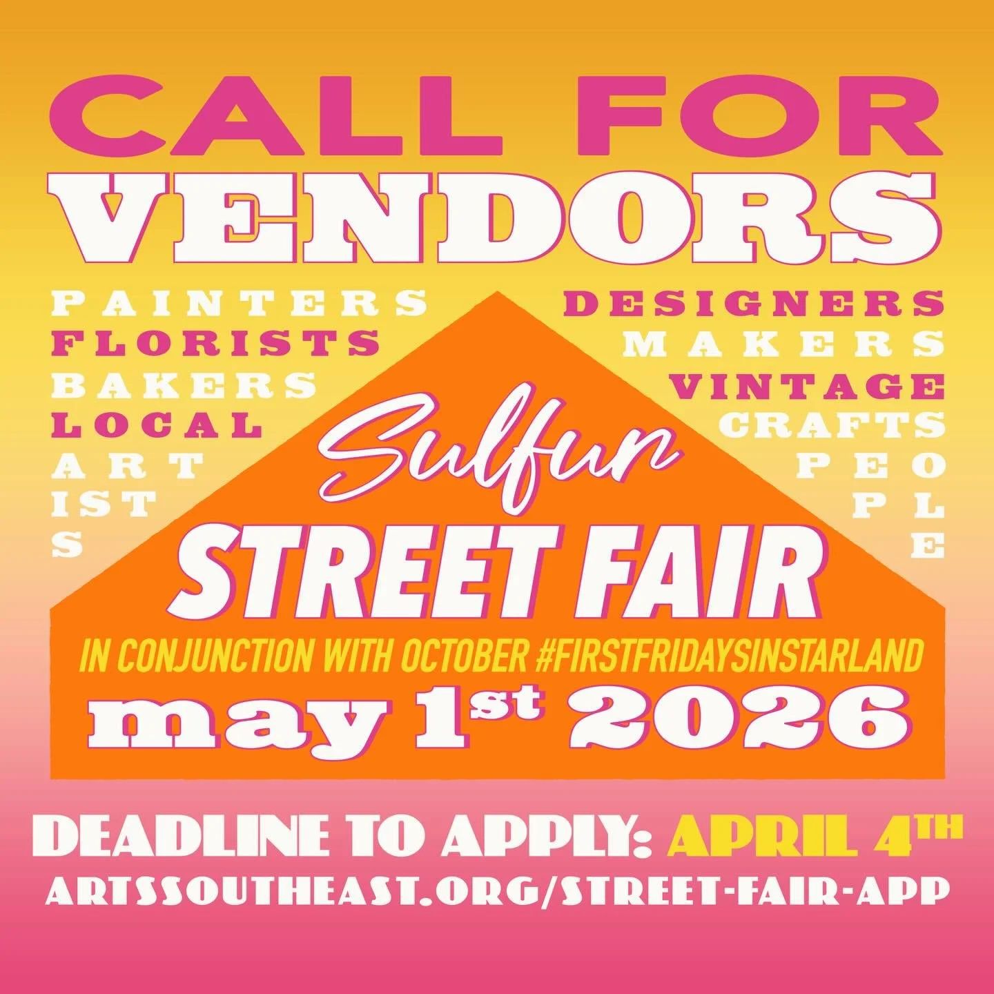 ☀️ May Street Fair Vendor Application NOW OPEN! ☀️

The Sulfur Street Fair is seeking vendors for May First Friday: May 1st, from 5 - 9PM in conjunction with #FirstFridaysInStarland !⁠
⁠
DEADLINE TO APPLY: April 4th, 2026
*Please only apply if you ar