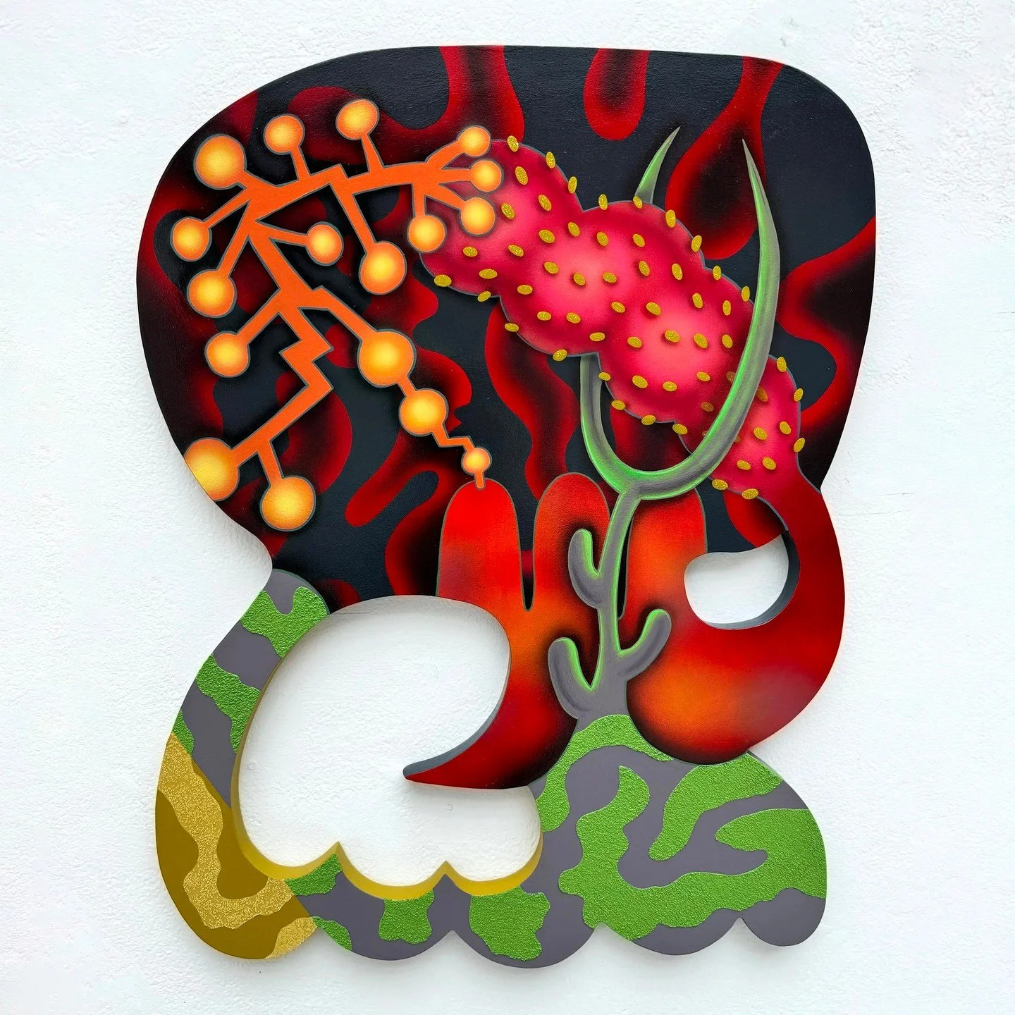 Jana Marie Cariddi, "Molecular Intervention". Acrylic, pumice and glass beads on custom wood panel, 30 x 25 inches, 2023.⁠
⁠
@janamariecariddi⁠
⁠
On Display in &ldquo;ON::VIEW REVUE,&rdquo; featuring the work of ARTS Southeasts&rsquo;s 2025