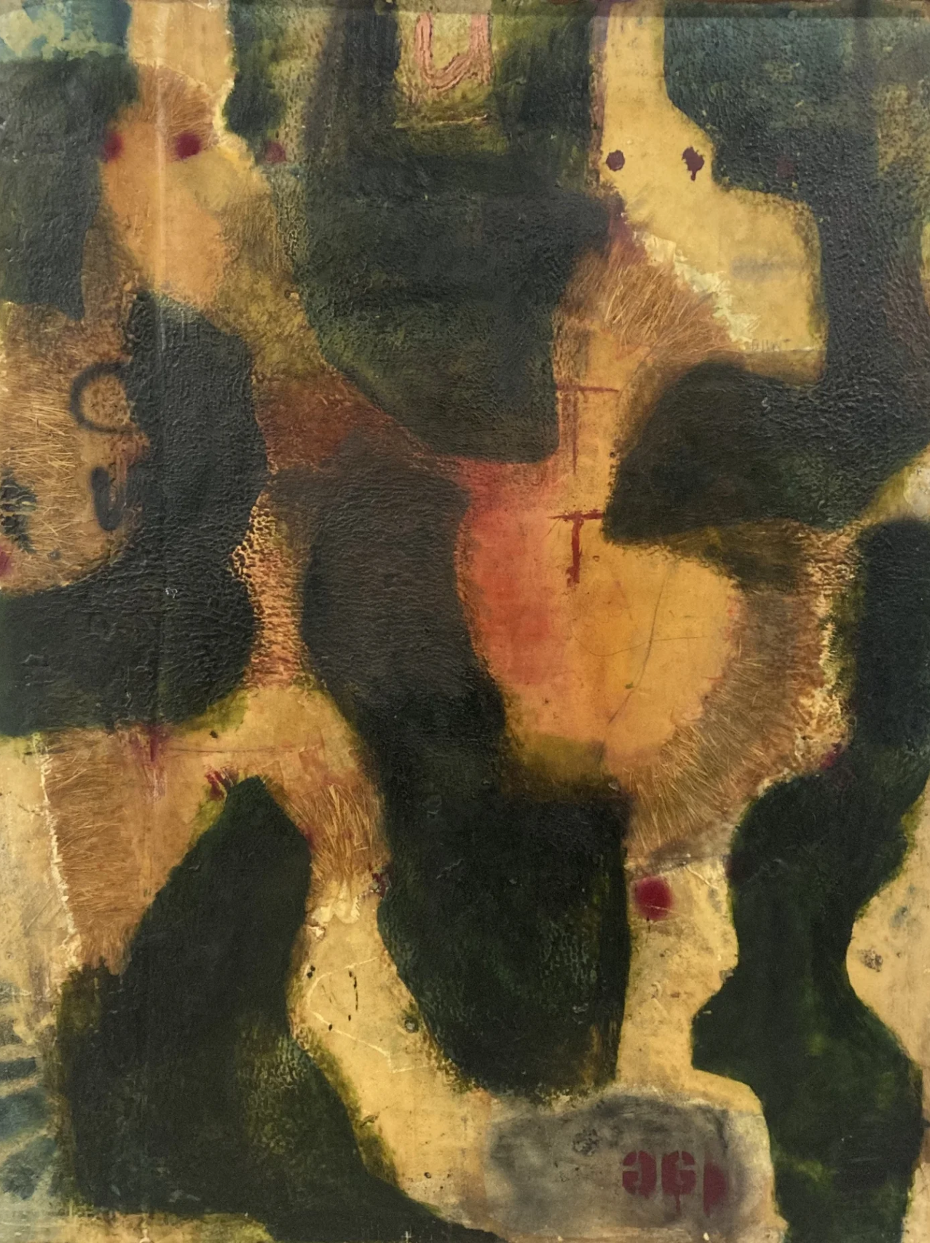    pond      (2001) Fiberglass, hay, oil stick, stenciling. 57 x 47 inches 