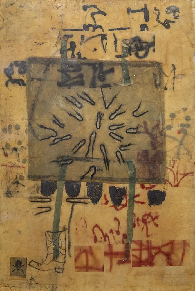    high noon   (2003) Fiberglass, oil stick, paper, printed material, atomized pigment, yarn. 48 x 34 inches 