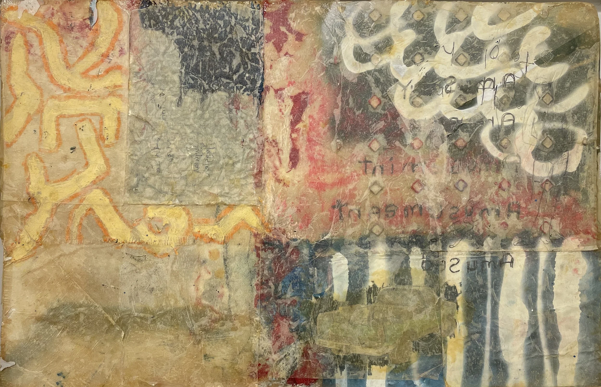    amusement   (2011) Fiberglass, printed material, lined paper, graphite, ink, atomized pigment. 19 × 29 inches 