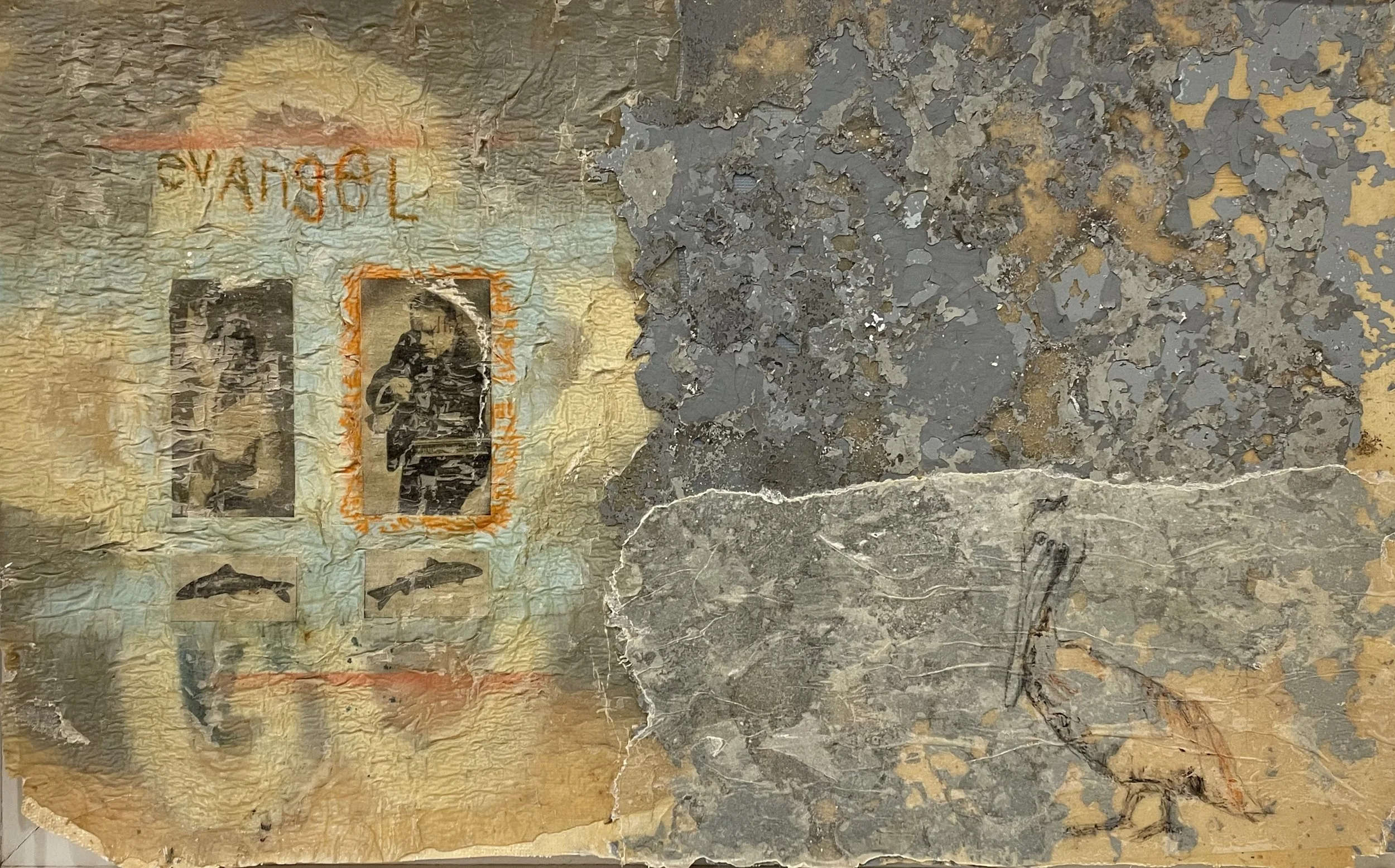    evangel   (2011) Fiberglass, printed material, atomized pigment, oil stick, pen, graphite. 18 × 28 inches 