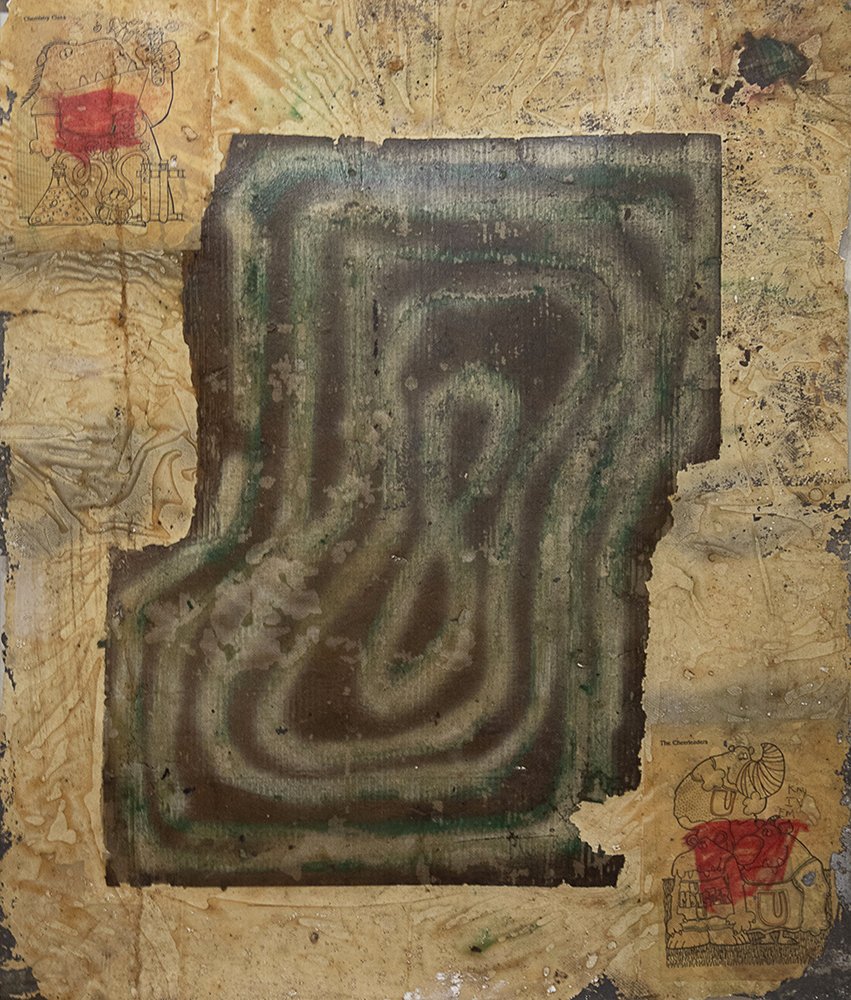    king of squares   (2002) Fiberglass, cardboard, printed material, oil, atomized pigment. 42 × 35 inches 