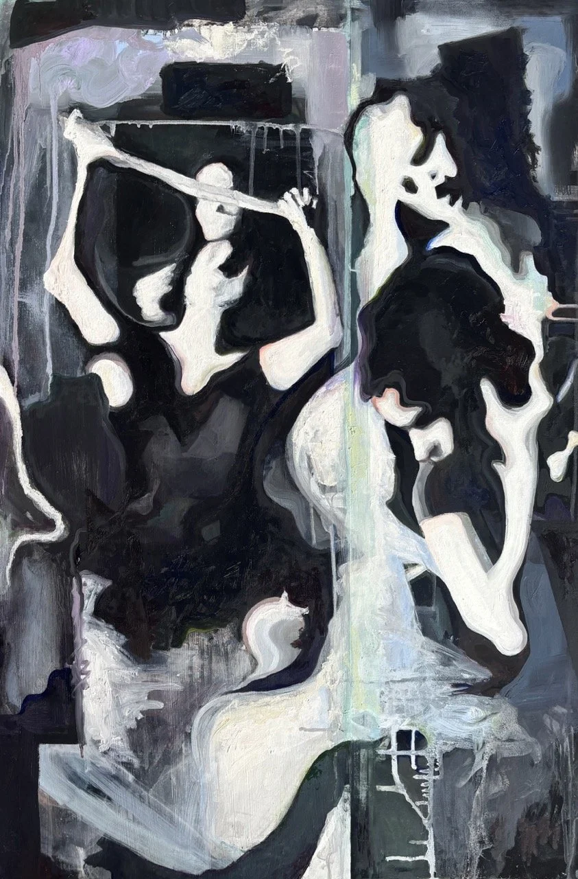  Anna Falk,   The Muses   (2025) Acrylic and oil on canvas, 24 × 36 inches 