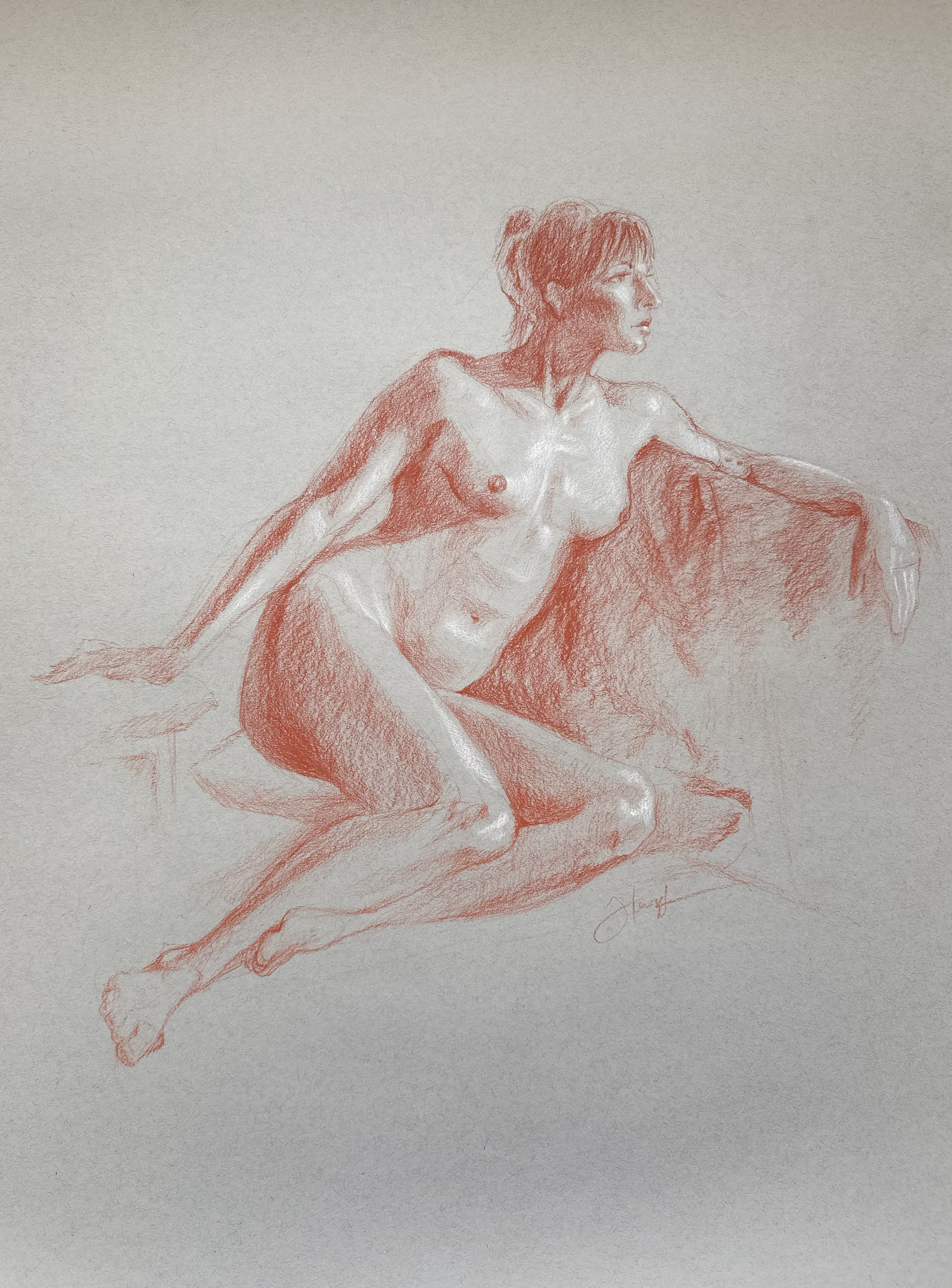  Jazz Howington,   Pensive   (2026) Conte on grey paper, 18 x 24 inches (25 x 32 inches framed) 