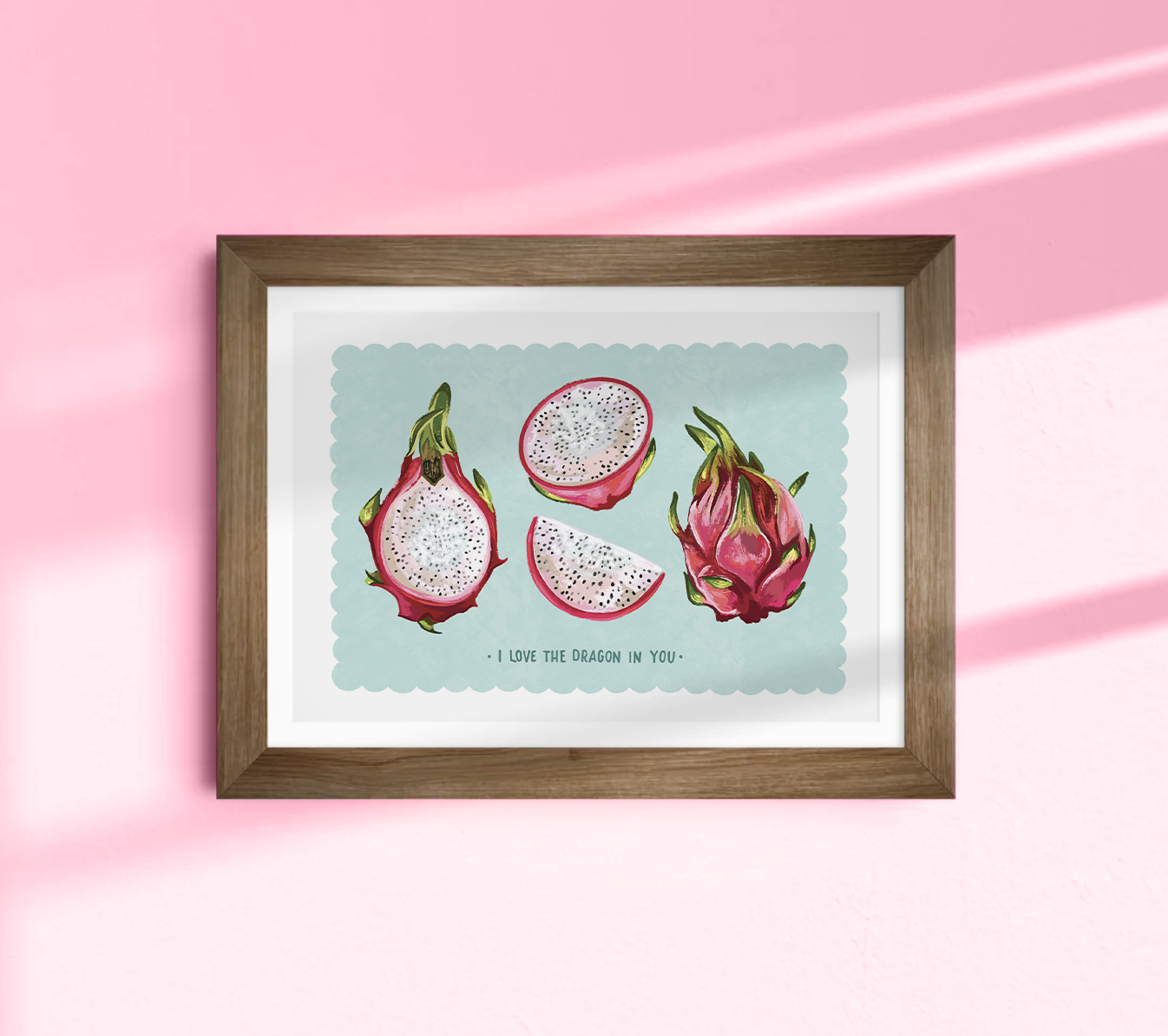 Vibrant watercolor illustration of a pink dragon fruit sliced open to reveal white flesh and black seeds, with green-tipped scales.