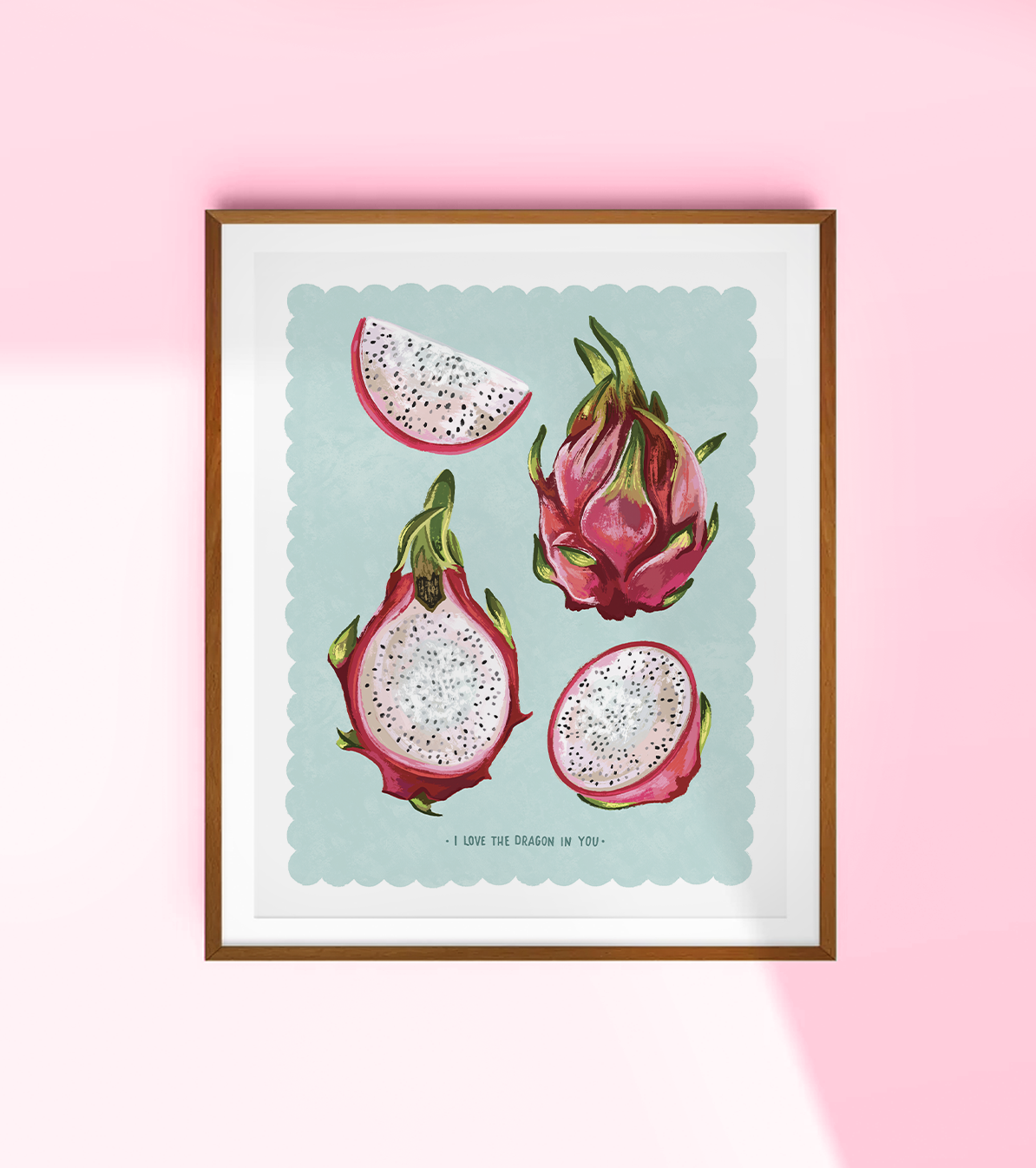 Vibrant watercolor illustration of a pink dragon fruit sliced open to reveal white flesh and black seeds, with green-tipped scales.