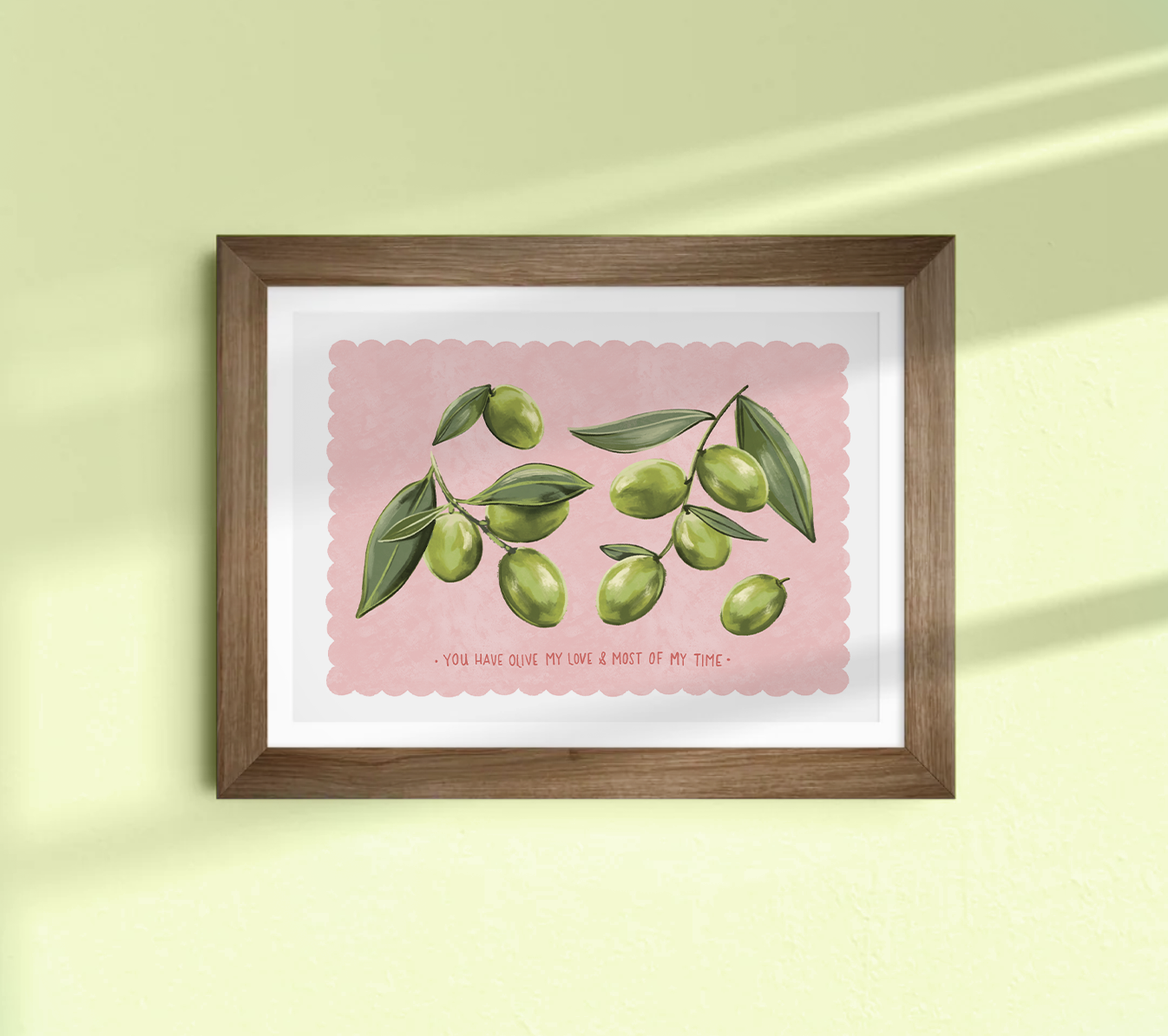 Botanical watercolor print of an olive branch with green olives and silvery-green leaves.