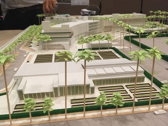 A model of the proposed 171-room Dream Hotel in Palm Springs. In the foreground are raised planting areas and a "farmhouse" to serve as a special event space and greenhouse. (Photo: Skip Descant/ The Desert Sun)