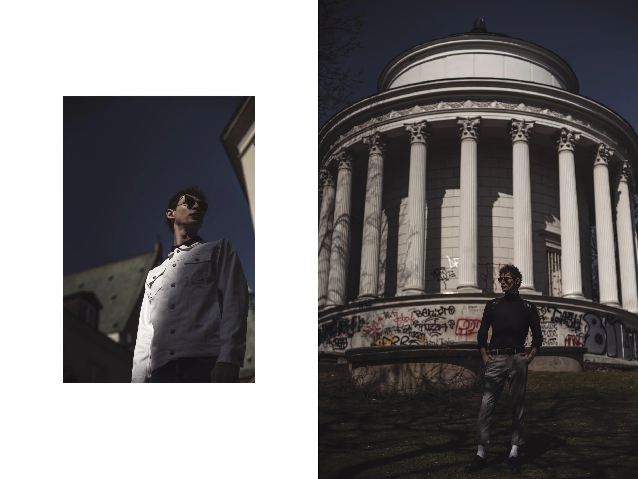 Left side: T-Shirt - Reserved / Jacket & Sunglasses - H&M // Right side: Turtleneck & Shoes - H&M / Trousers - Pull&Bear / Belt - COS / Sunglasses - stylist's own / Backpack - Hugo Boss