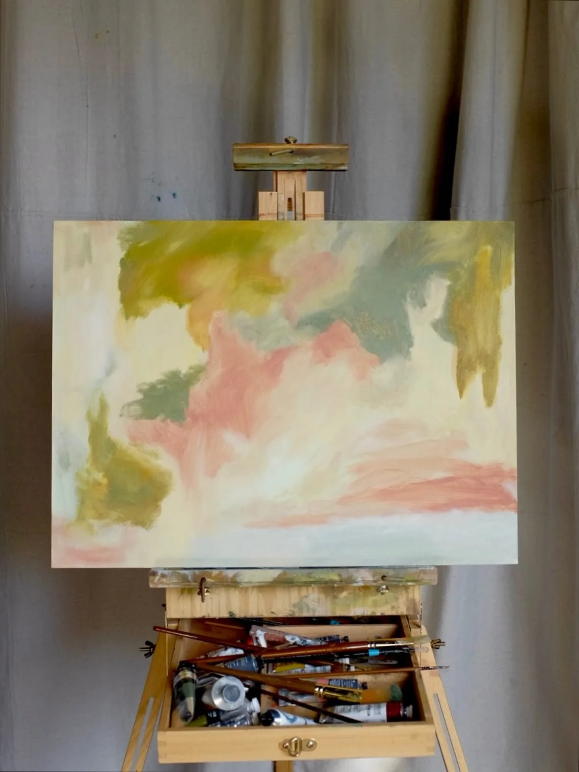 A painting that expresses a newfound ability to add more complexity to my life, for better (growth, hope, more) and for worse (ugh, feelings). I had a clear vision for how to convey that. These colors, a soft movement, an ability to flip the painting