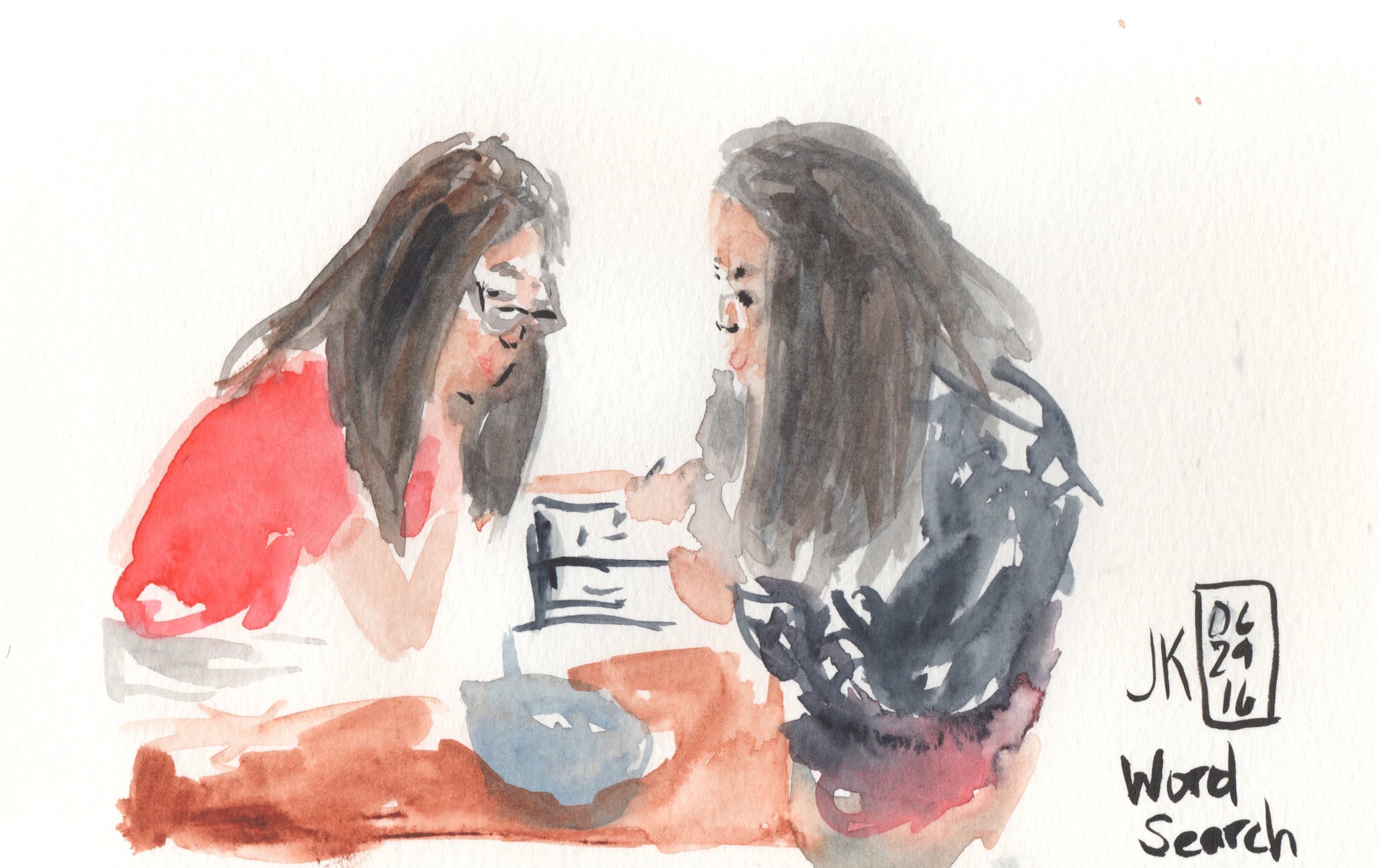 Sketching my girls after dinner just using watercolors directly