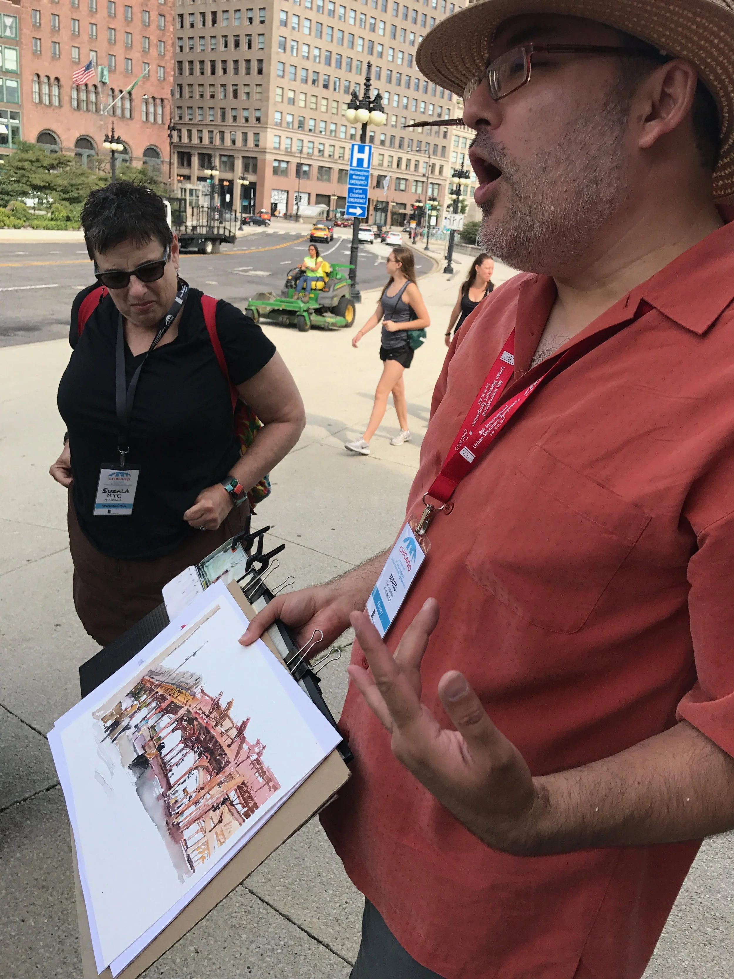 Marc showing us an urban sketch of the elevated train in Chicago