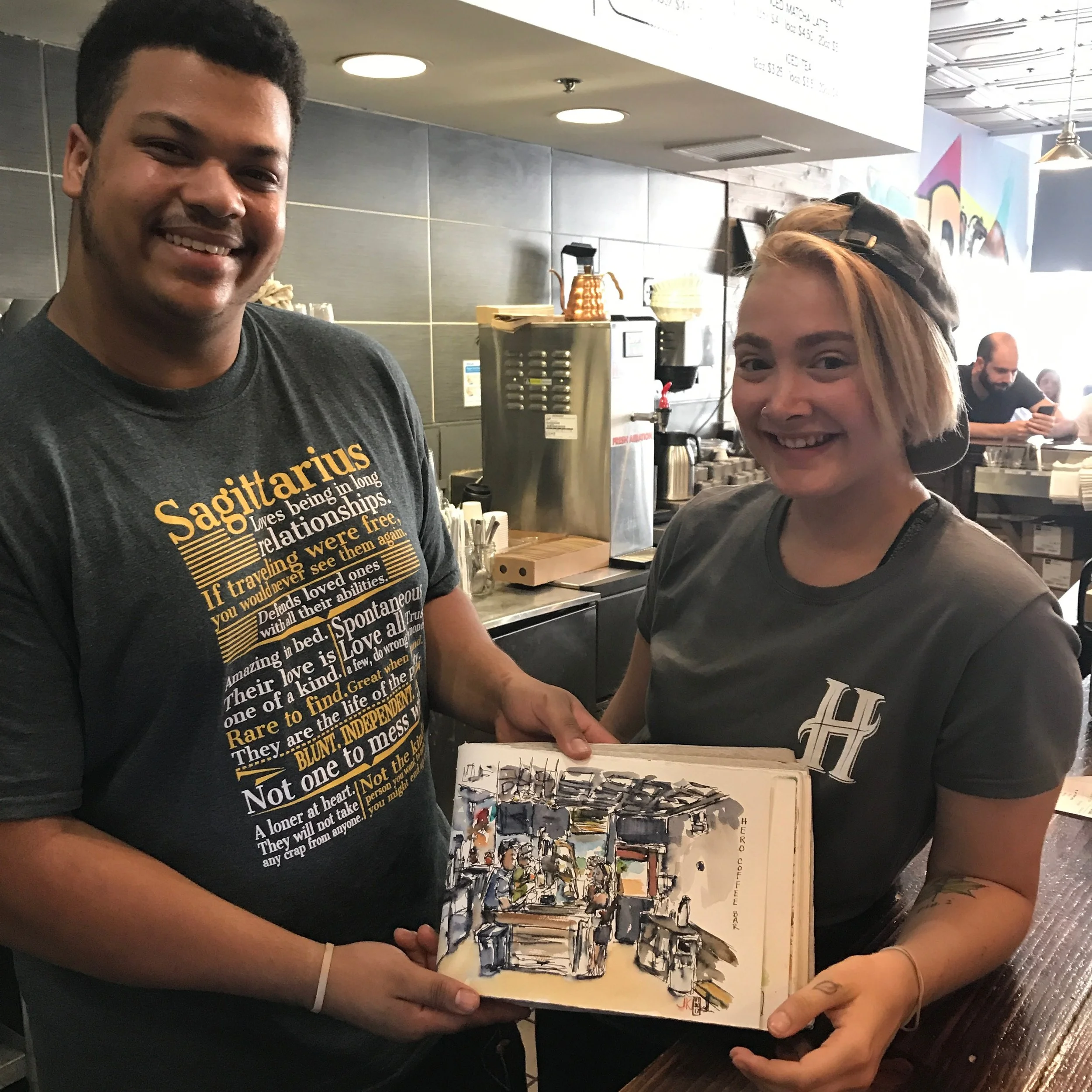 My sketch with the lovely baristas at Hero Coffee Bar