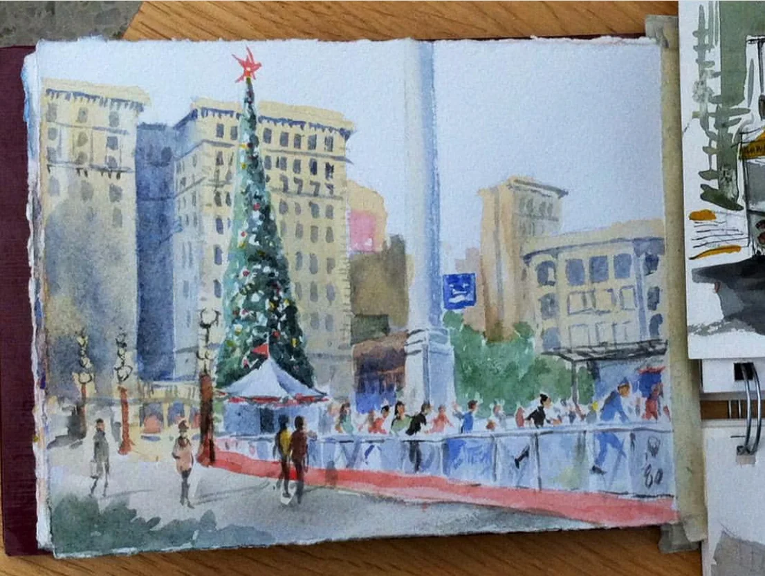 This piece by Judy W. looks like a beautiful postcard. I love how she indicated the ice skaters with so few marks!