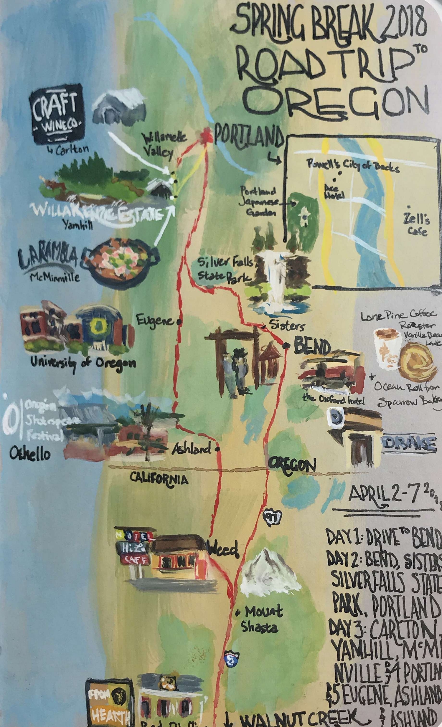 an illustrated map from a trip to Oregon