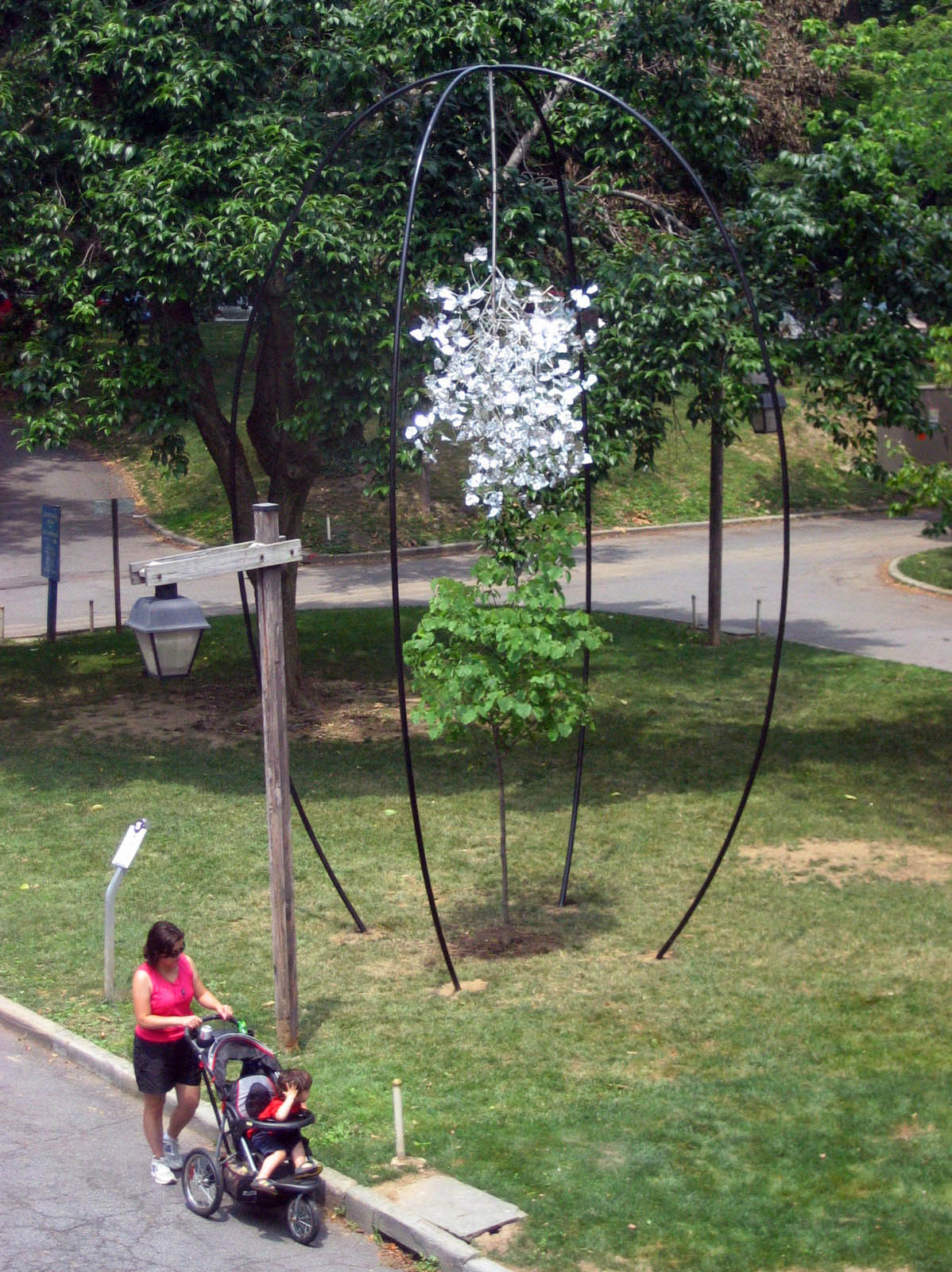 Reflection Recreation 2009 tree, stainless steel, mylar 11' x 11' x 22' After carefully measuring every branch of a living tree, Ross created an exact mirror-image duplicate in stainless steel, suspended above the original. Over upcoming years, the appearance of the sculpture will gradually change as the real tree grows up and through its doppelganger. Reflection Recreation was made possible by a grant from Abington Art Center, where it is on display at the center’s entrance.