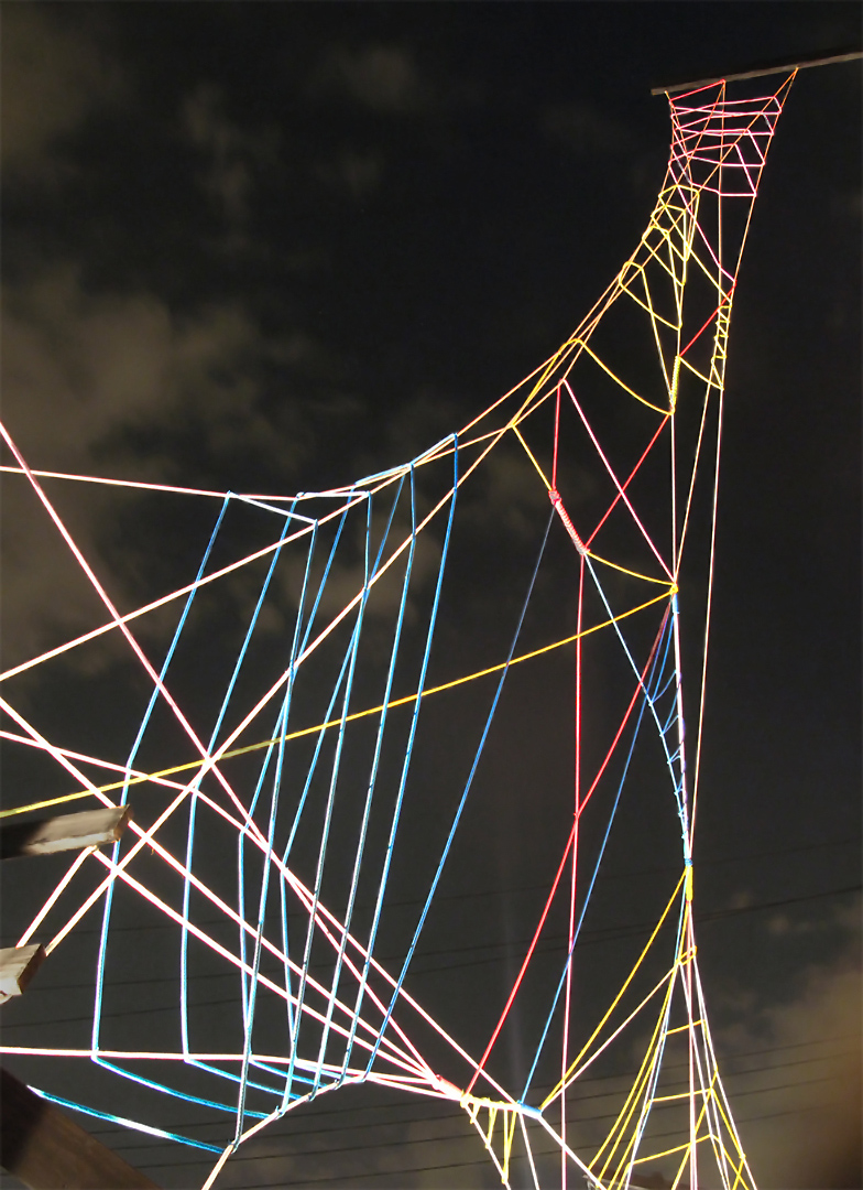   Off The Grid 2010 polypropylene rope, wood 60' x 55' x 12'   An architectural intervention for the facade of 414 Space in Brooklyn, NY. 