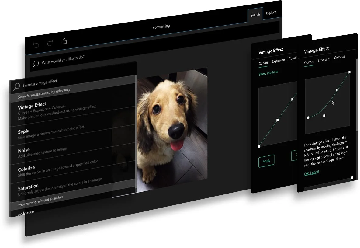 Search mode - A user can enter search terms in their natural language to find the feature or effect that they're looking for.