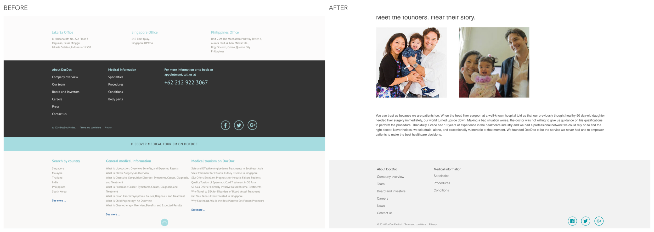 Before and after of website footers