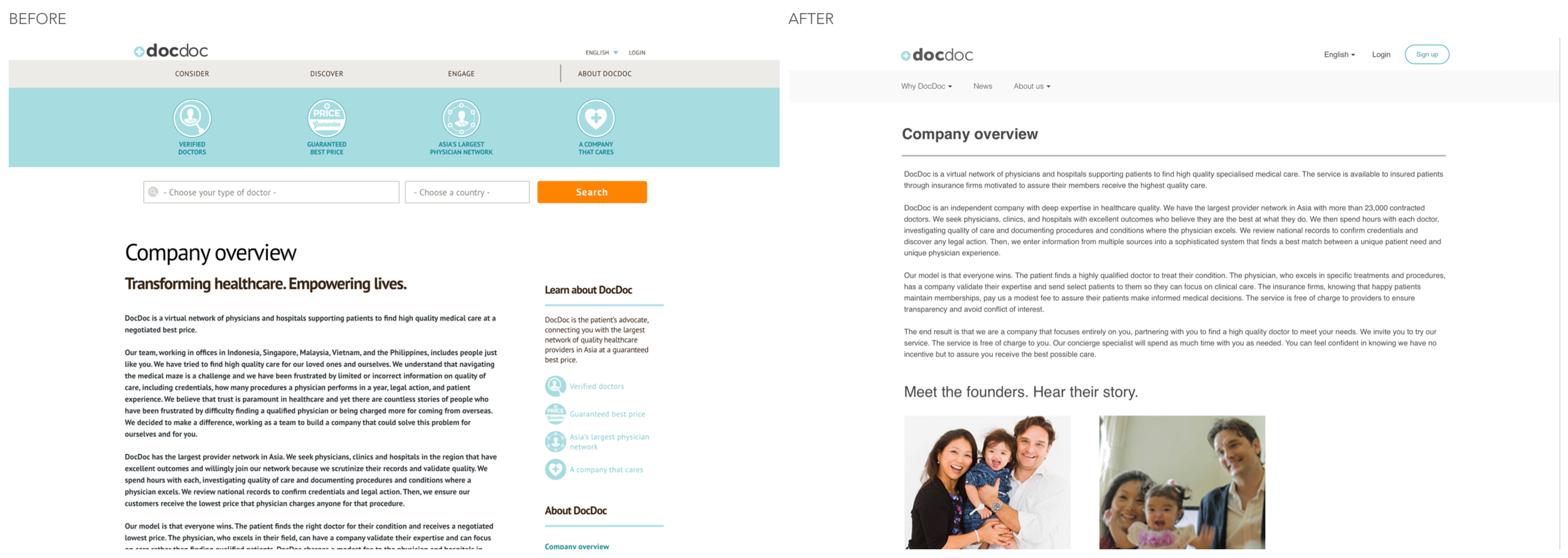 Before and after of the company overview page with and without the headers and sidebar