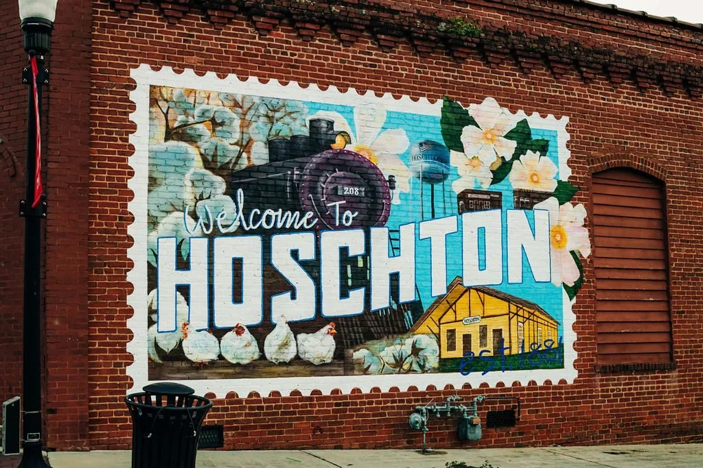Mural on brick wall in Hoseton featuring large text 'Welcome to Hoseton', chickens, a water tower, a yellow building, flowers, and leaves.