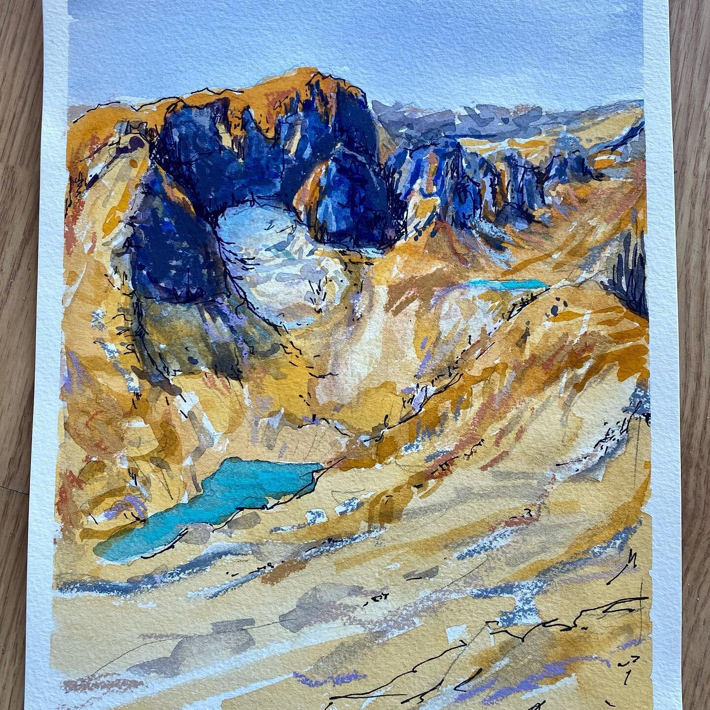 I&rsquo;m kind of surprising myself with the amount of realism I got into here. 😜 #montanaglaciers #skypilotmountain #3Dmapsourced #thanksgoogle #watercolorlandscape #looselandscape #orangeandblue #glacierart #ecoart #conservationart #lastbestplace 