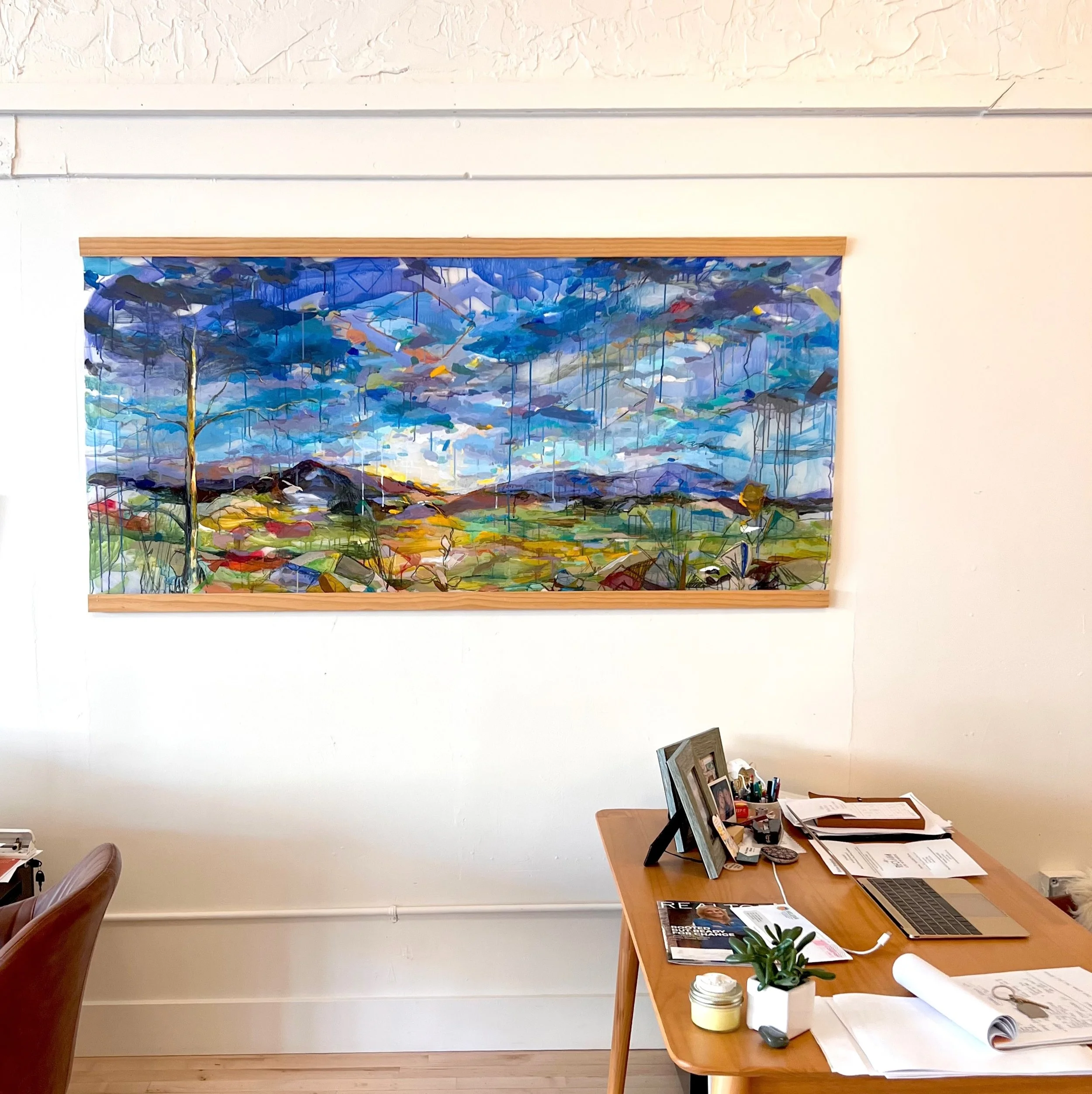 Abstract Landscape Painting by Leah Cupino of Dark Rainstorm over wide valley with the Sleeping Giant Mountain in the distance in Helena Montana, copyright 2021