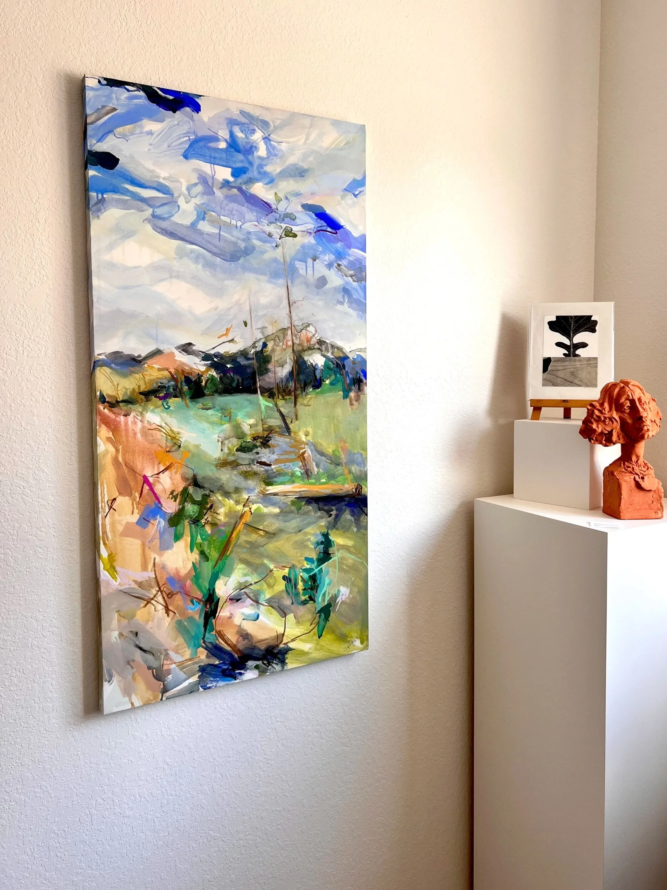 Abstract Landscape Painting by Leah Cupino of a mountain meadow near Helena Montana with deadfall in the foreground, Copyright 2025