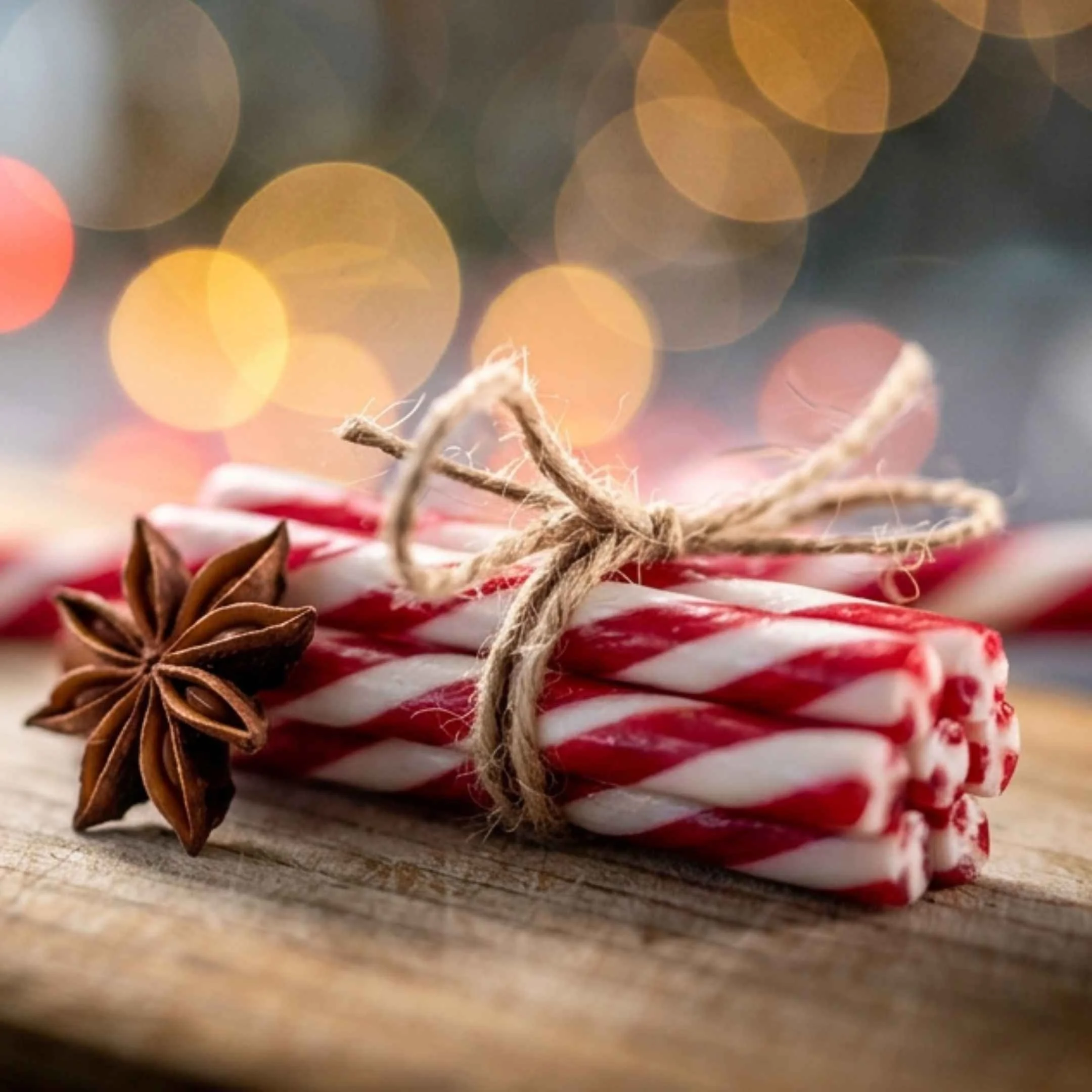 Close-up of a gingerbread cookie wrapped with twine, with star anise spices attached, on a wooden surface, with blurred festive lights in the background.