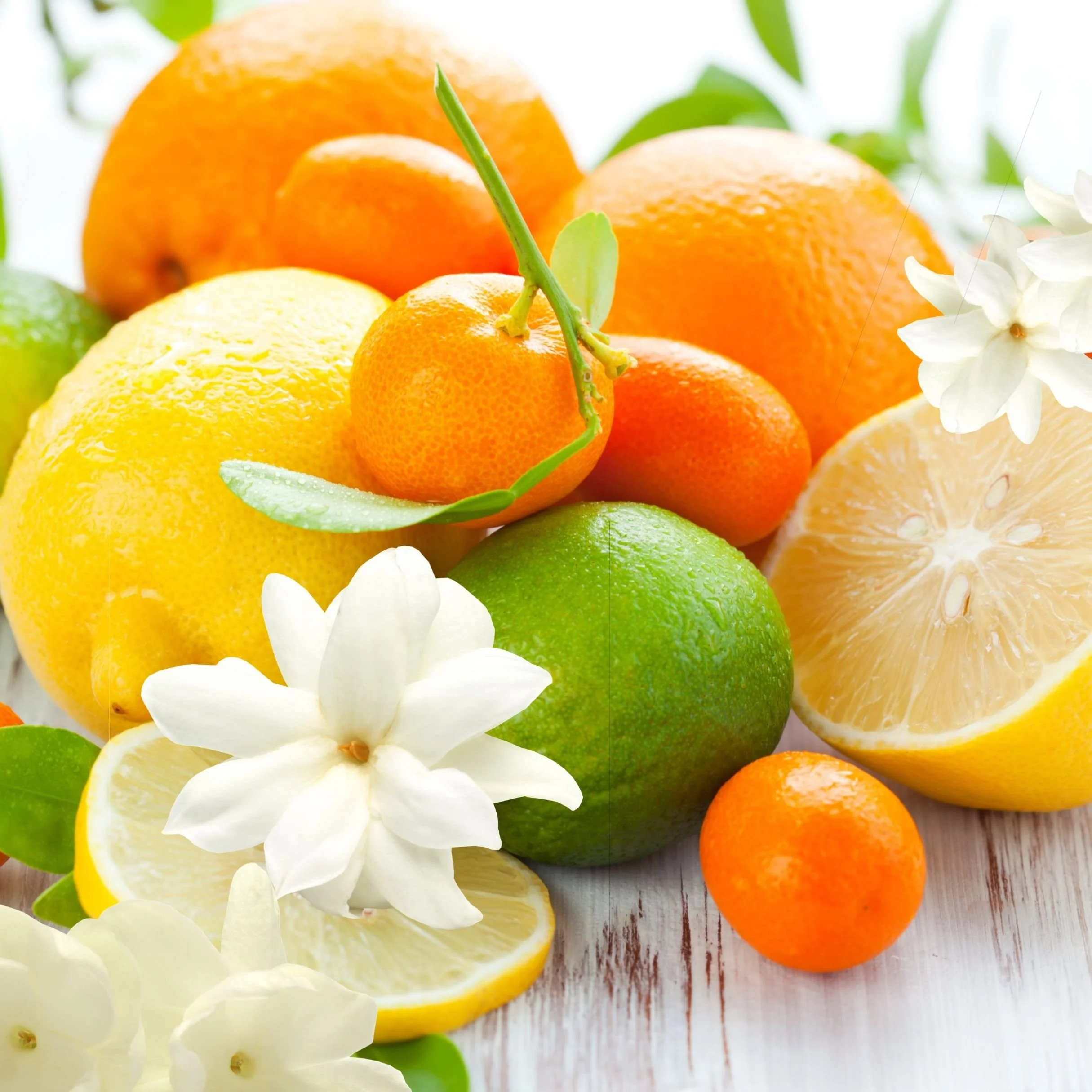 A close-up of oranges, lemons, and limes with white flowers on a wooden surface.