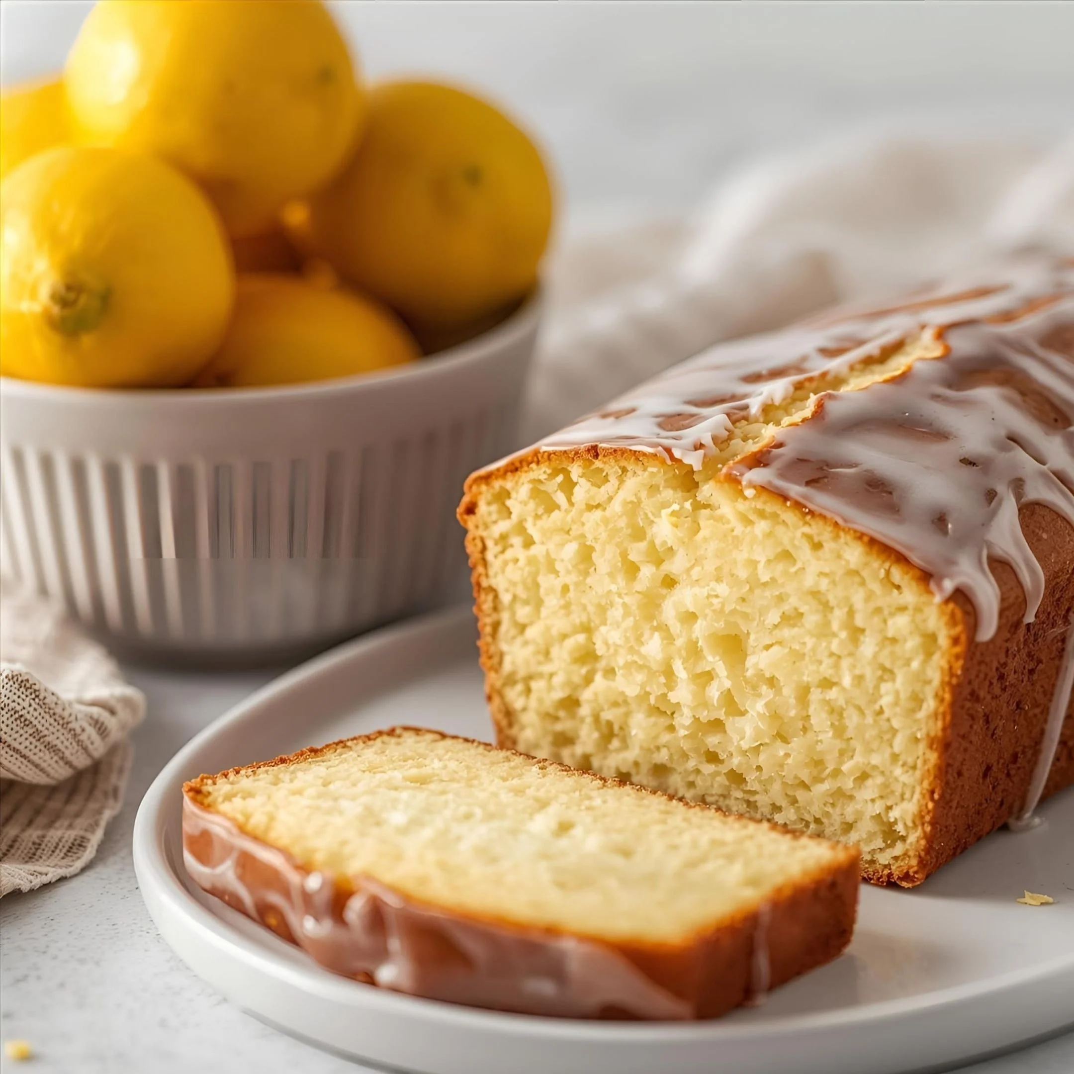 Close-up of a sliced loaf of vanilla cake with a white icing layer, placed on a white plate. In the background, there is a white bowl filled with yellow lemons. The setting is on a light-colored surface with a beige and white striped cloth nearby.