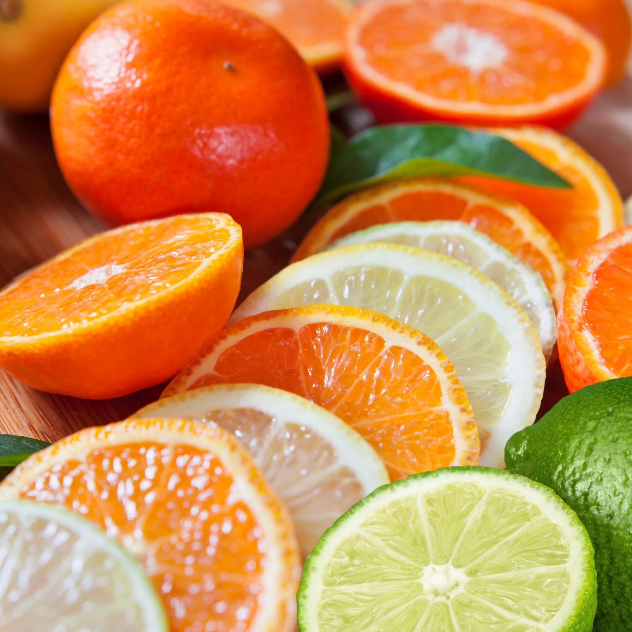 Close-up of sliced oranges, lemons, and limes arranged in a pattern with vibrant colors.