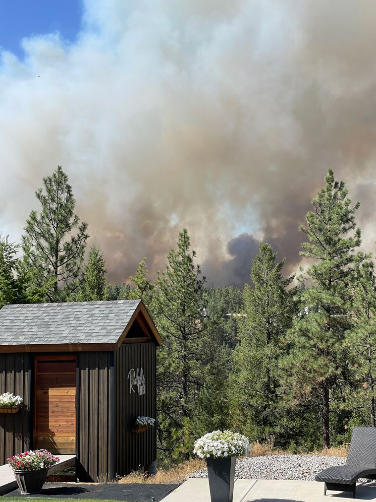 View from the Dandles Candles Studio as the Old Trail Fire burned nearby in west Spokane on August 1.