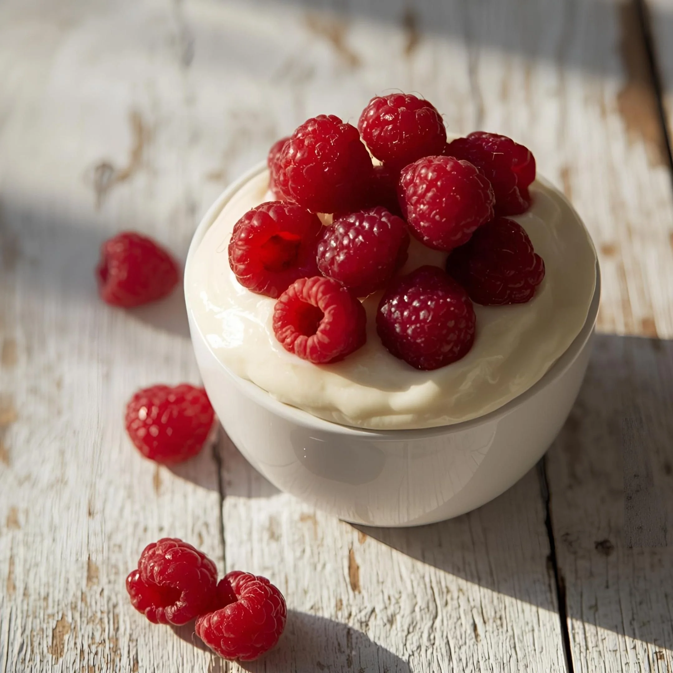 A bunch of fresh red raspberries on top of a small white bowl, placed on a rustic wooden surface with some additional raspberries scattered around.
