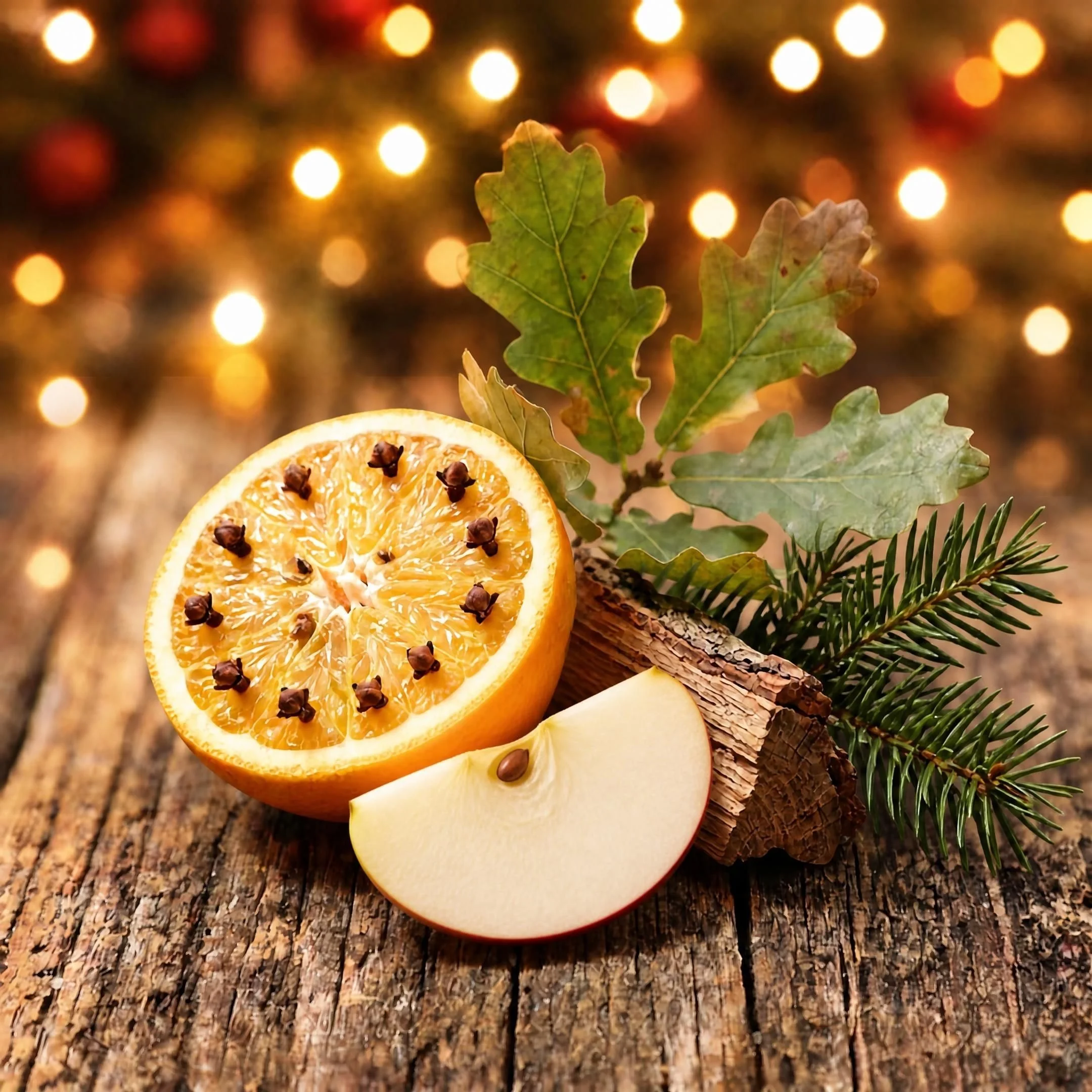 Close-up of orange slices, green oak leaves, pine branches, and a pinecone on a rustic wooden surface, with blurred holiday lights in the background.