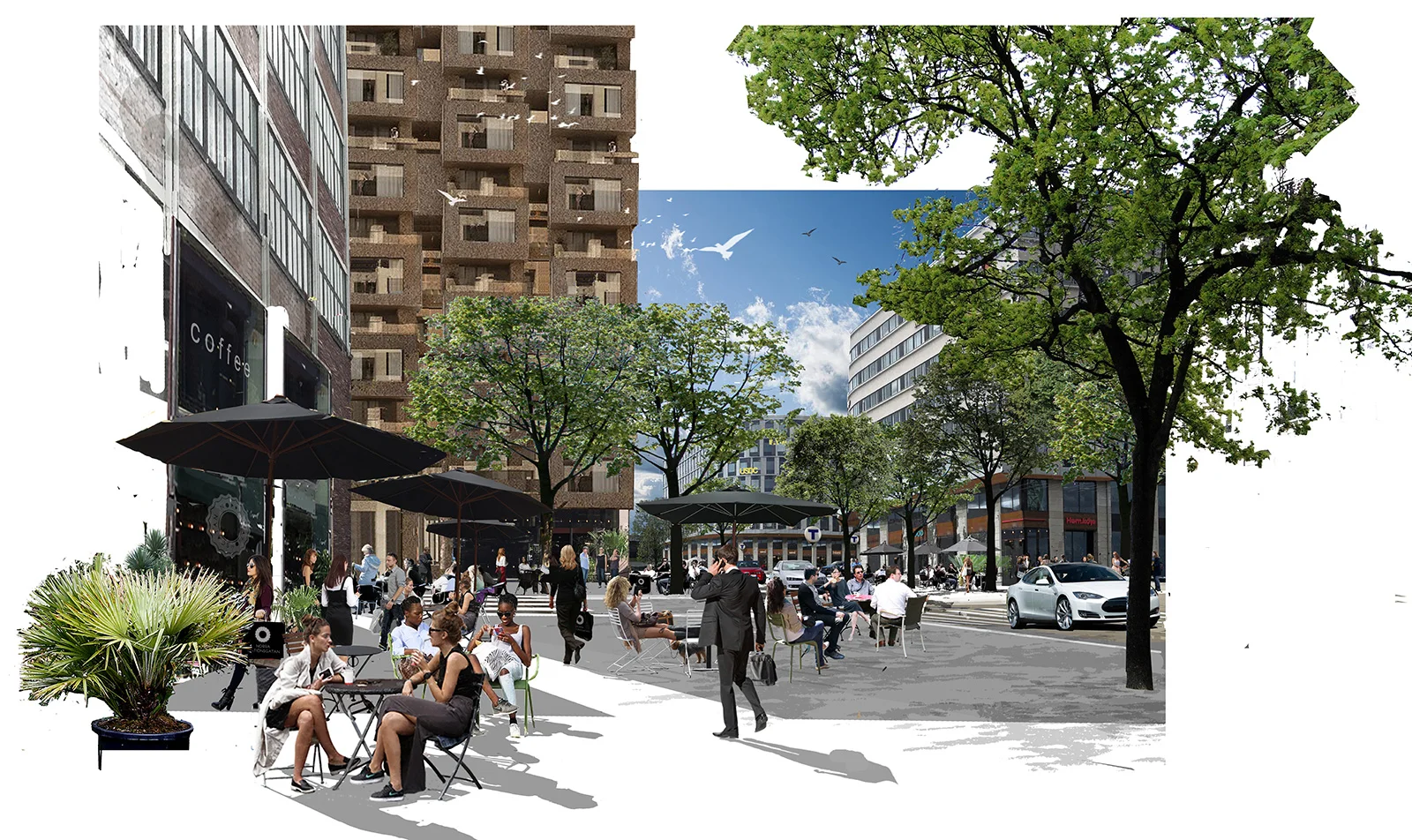 Collage Norra Stationsgatan, torg. Arkitekt: Peter Becht