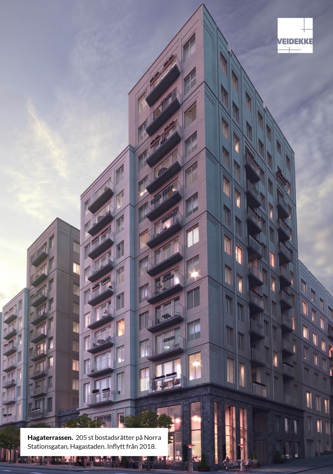 Hagaterrassen. 205 st bostadsrätter på Norra Stationsgatan, Hagastaden. Inflytt från 2018. Veidekke Bostad