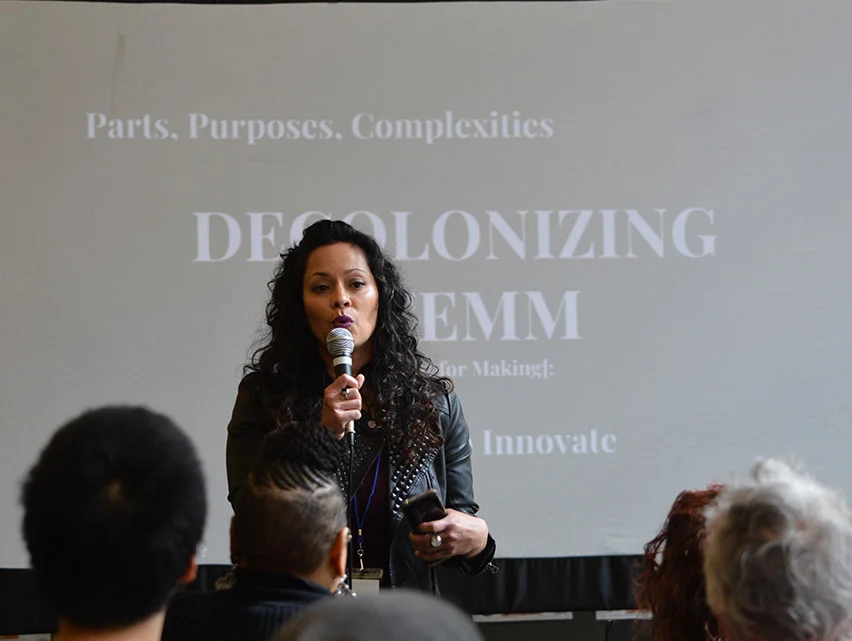 Teacher Fellow Reina Cabezas , a CTE Engineering Coach with OUSD, focused on decolonizing STEMM (Science, Technology, Engineering, Math, & Making), and how she has experimented and explored this idea with students.
