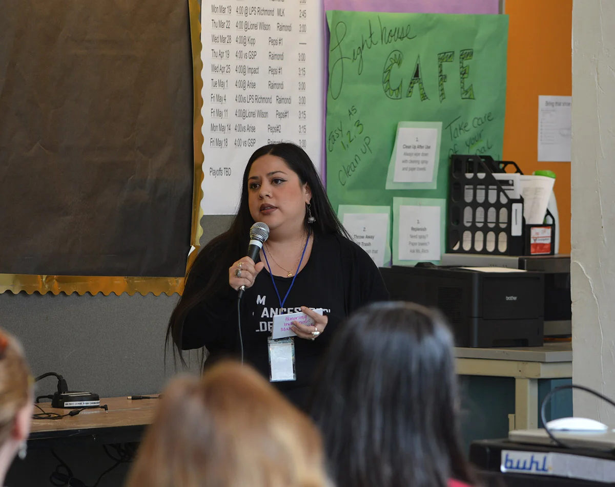 Teacher Fellow Roxy Martínez , Resource Specialist at Grass Valley Elementary School, OUSD, in her talk entitled, "Students of Color Sustaining and Creating Identities in Maker Education," spoke to the importance of maker education not being another tool to oppress our students, and instead a means of liberation.