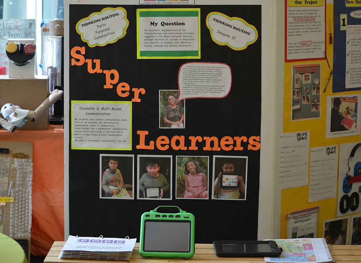Documentation Booths throughout the event invited viewers to learn about fellows' inquiry work. "Super Learners" tells the story of Teacher Fellow Stephanie Taymuree , Special Education Teacher for Moderate/Severe students, at Redwood Heights Elementary School, OUSD. To read more about Stephanie's work in the fellowship this year check out her blog posts .