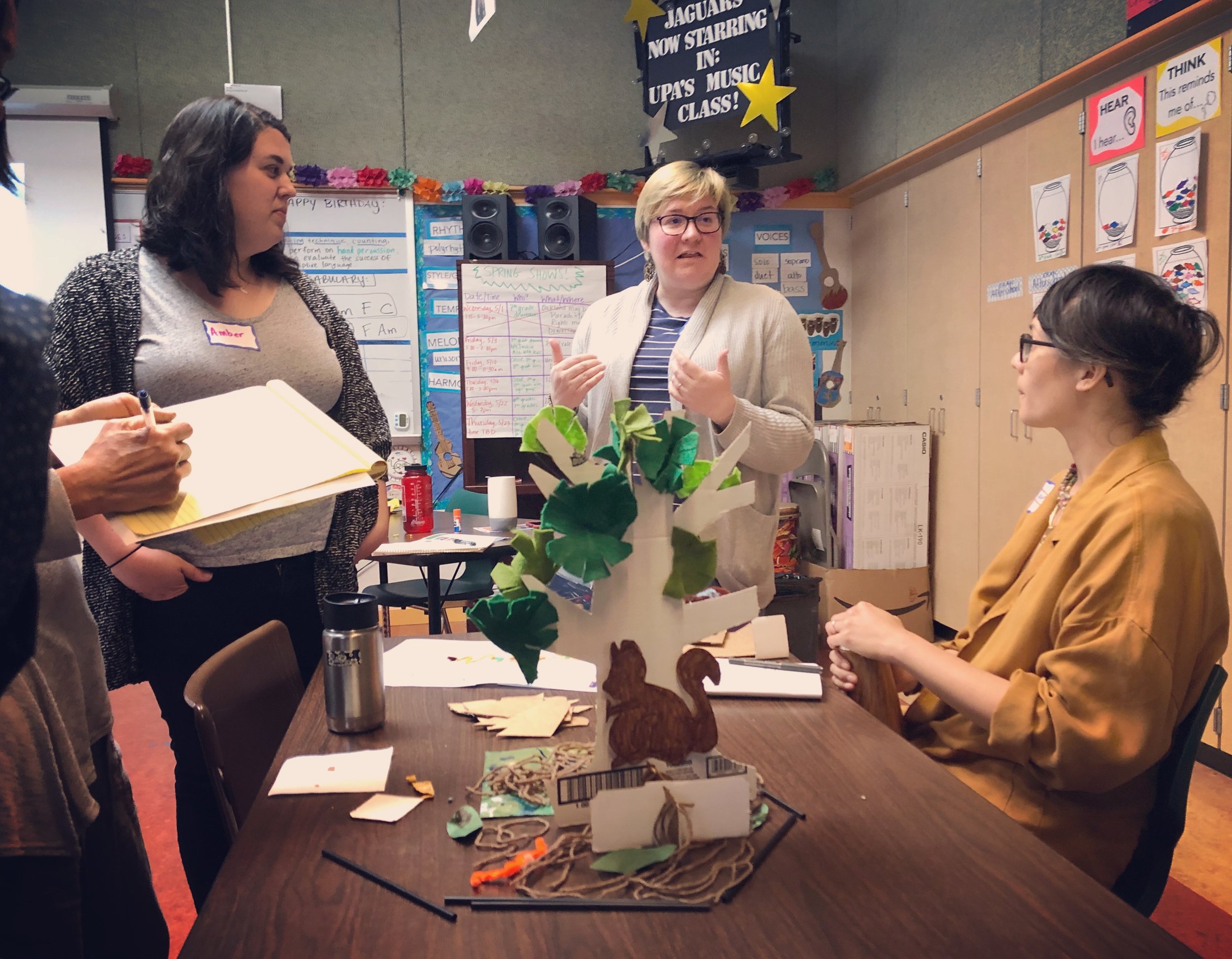 Participants discussing their finished model, demonstrating their shared understanding of the the system of a tree.