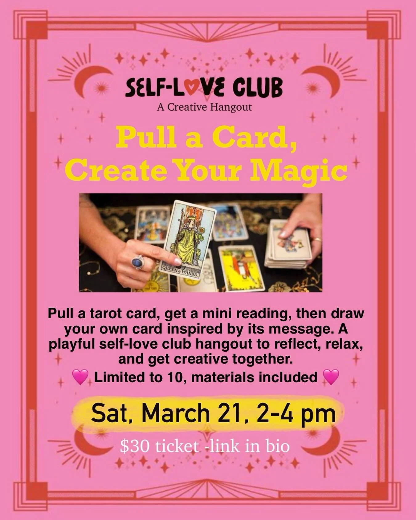 💗Self-Love Club: A creative Hangout💗 
This month, we&rsquo;ll create our own magic. Pull a tarot card, get a mini reading, then draw your own card inspired by its message. I&rsquo;m hosting this hangout to slow down, get inspired also connect with 