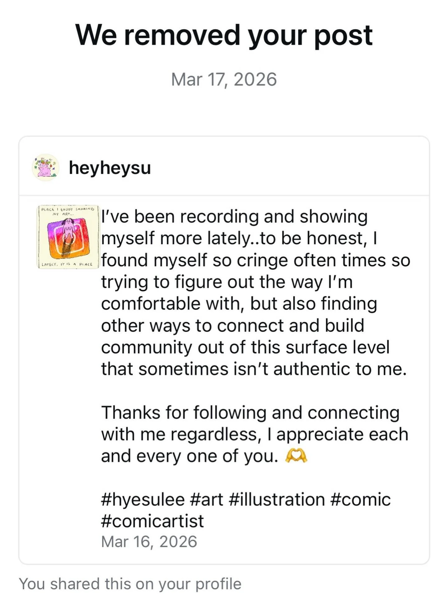 They removed my post, as an artist I have no more freedom and rights to express and share anymore? 😞