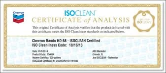 A sample ISOCLEAN certificate of analysis which certifies the cleanliness of your lubricants. 